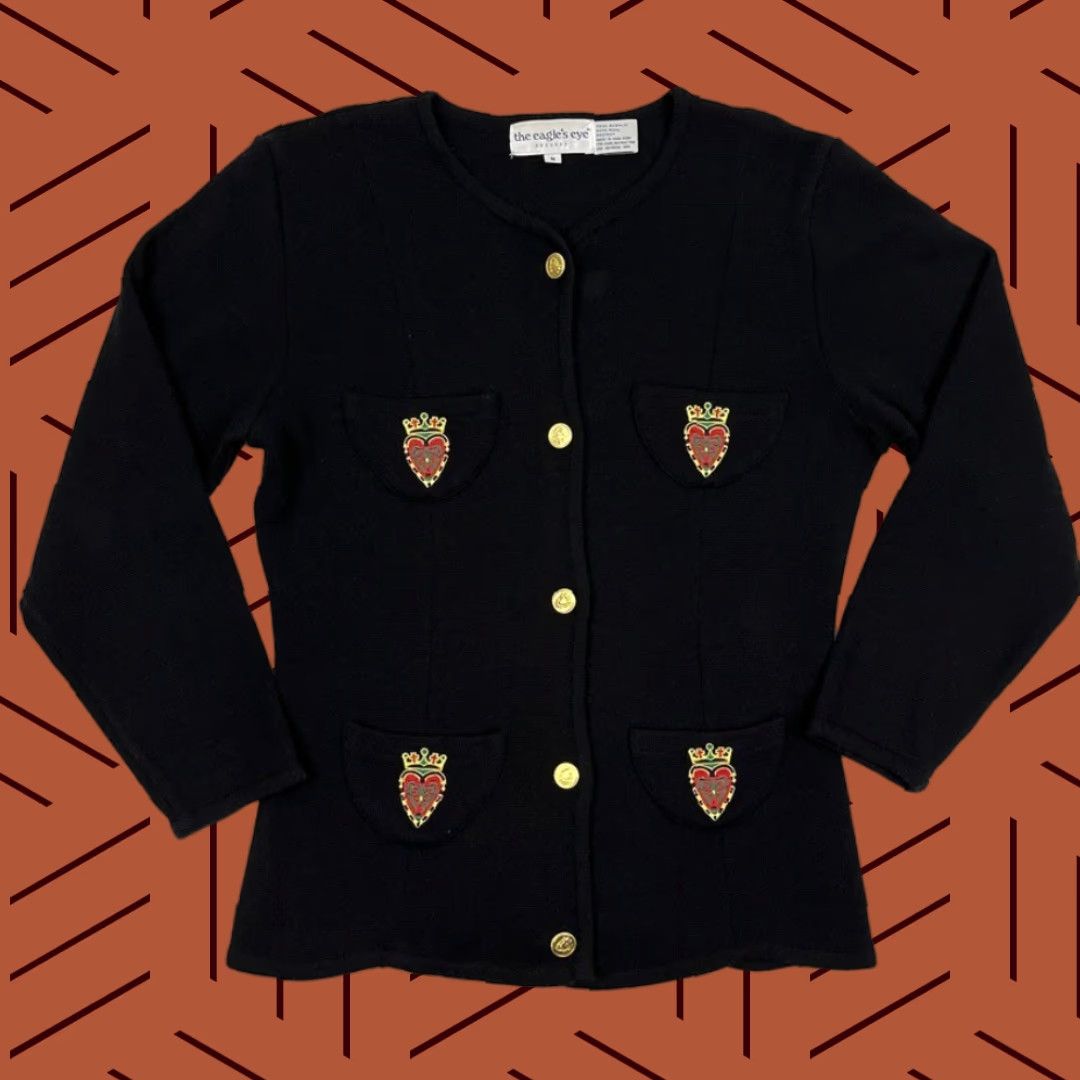 Vintage VINTAGE Eagles Eye Cardigan Womens M Black Wool Heart Crown Patch Academia Prep 90s Size M / US 6-8 / IT 42-44 - 1 Thumbnail