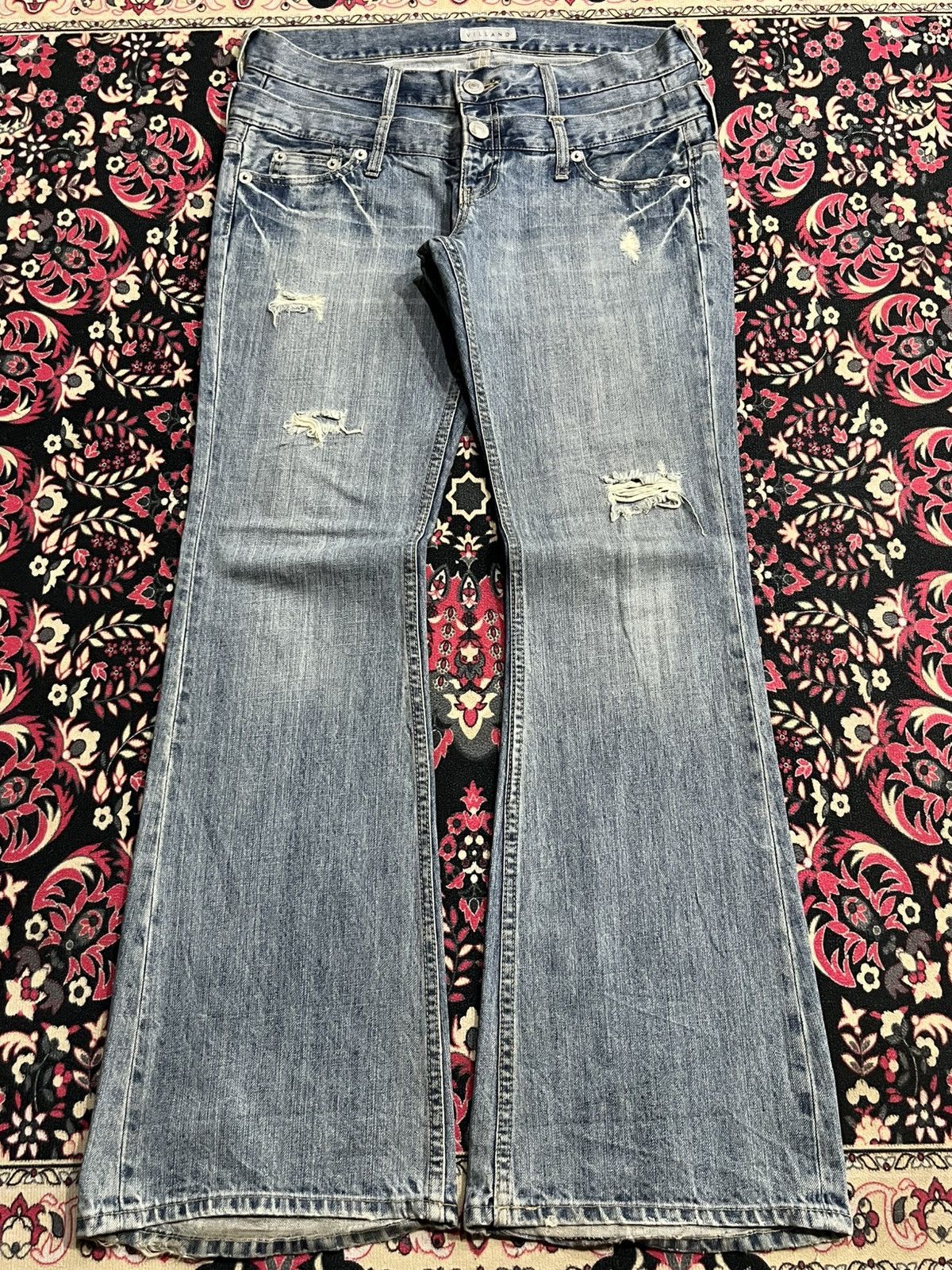 If Six Was Nine Vintage Villand Double Waist Blue Washed Distress Flare Jean Size US 32 / EU 48 - 1 Thumbnail