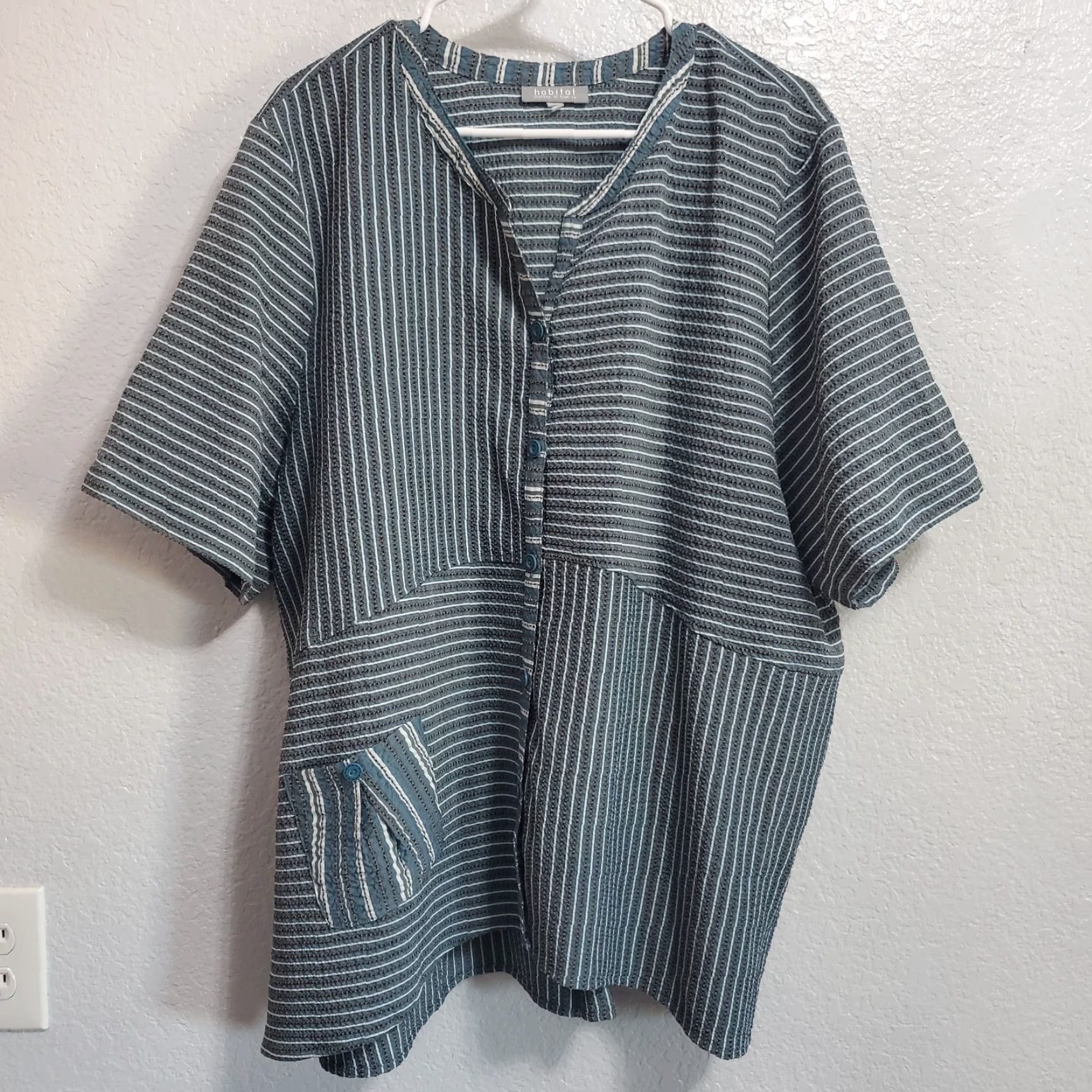 Habitat VINTAGE Habitat Top 1X No Size Tag Blue Gray Striped Button Tunic Relaxed Lagenlook Size XL / US 12-14 / IT 48-50 - 2 Thumbnail