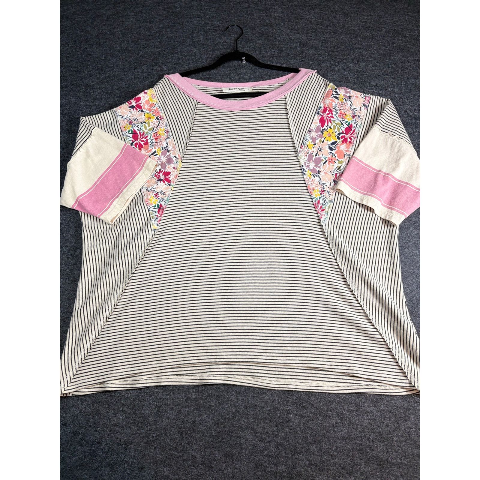 Other Three Bird Nest Striped Floral Sleeve Top Pink Trim #0459 Size L / US 10 / IT 46 - 2 Thumbnail