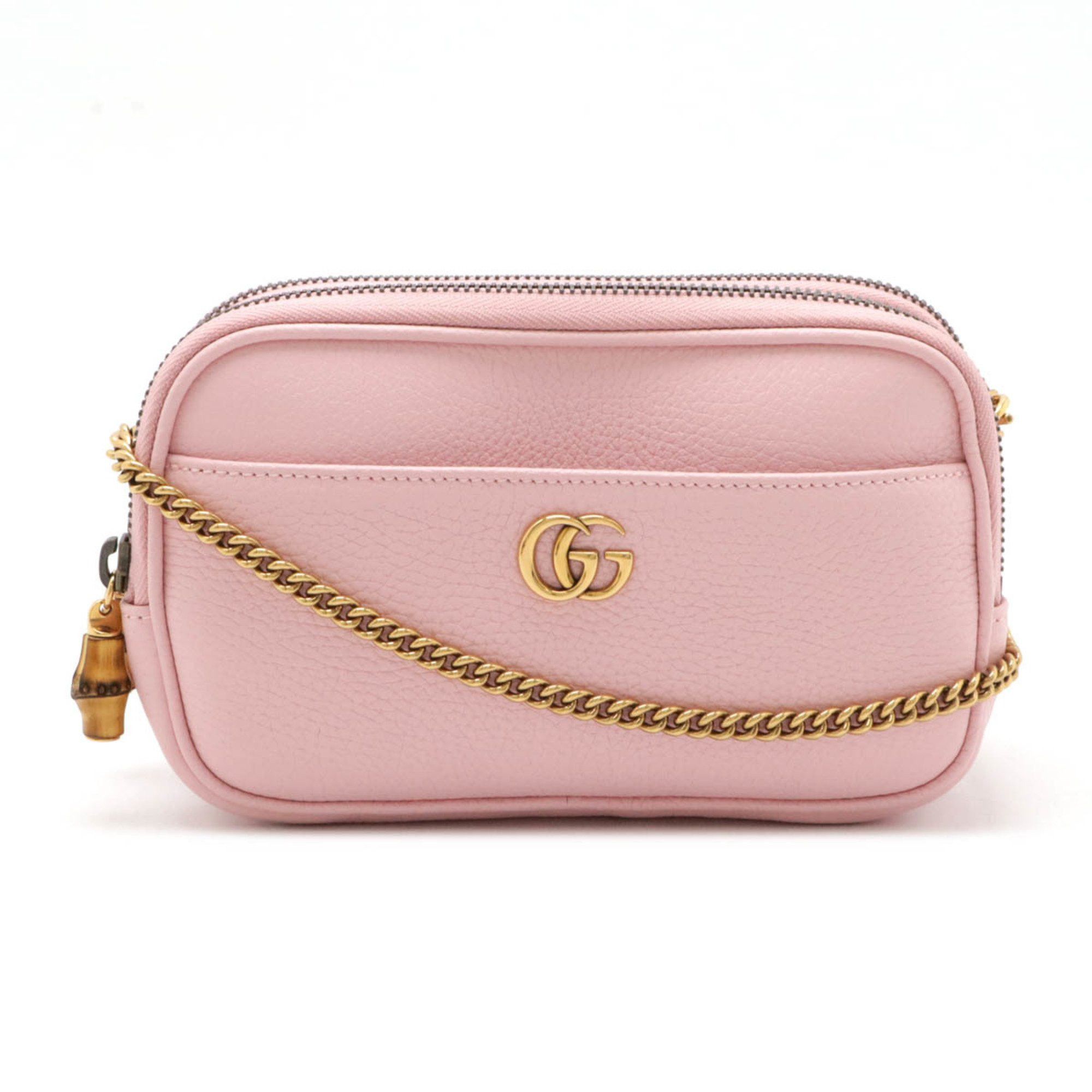 Gucci Double G GG Marmont Super Shoulder Bag Pochette Chain Clutch Leather Bamboo Pink 772778, Women's