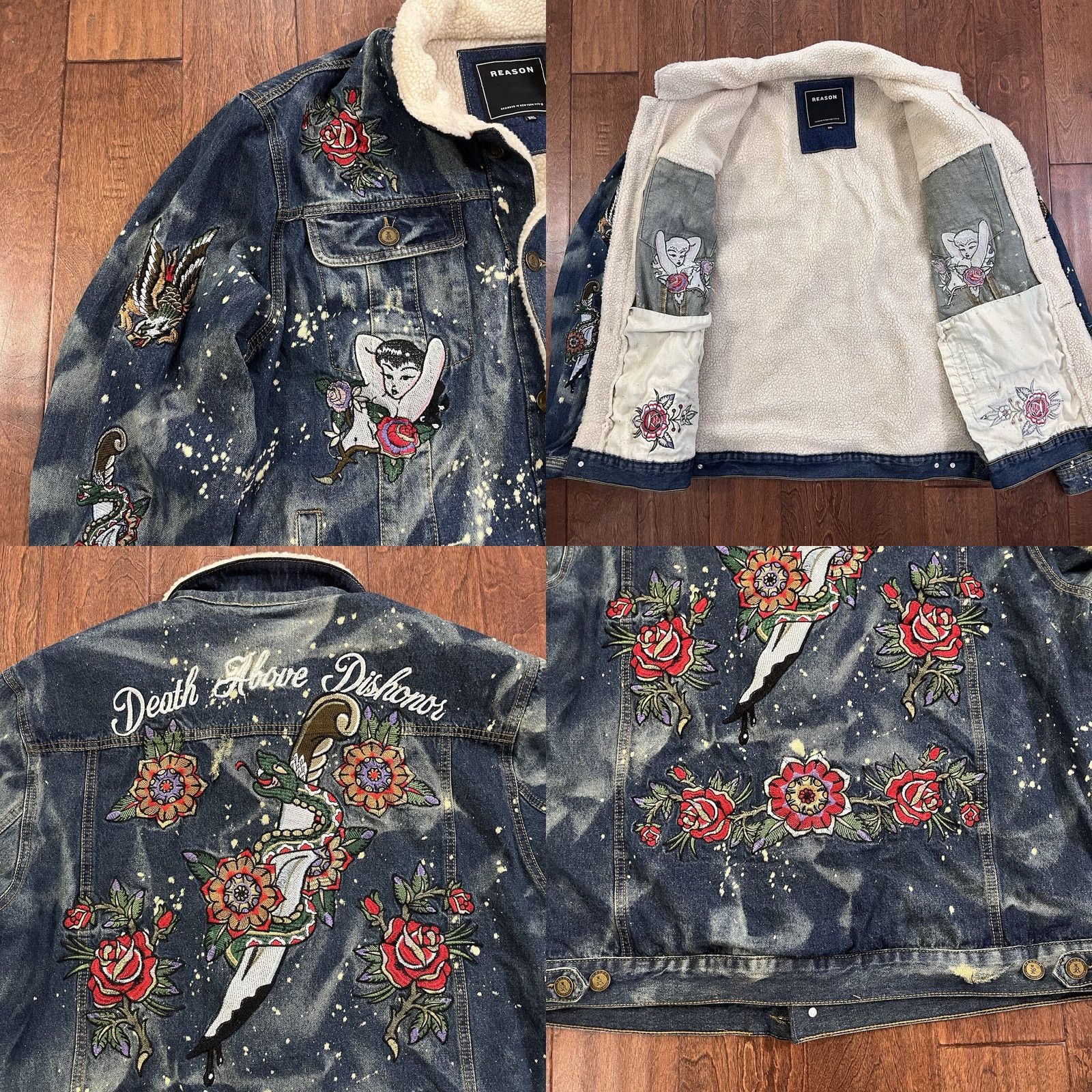 Reason Reason Denim Sherpa Trucker Jean Jacket 3XL Death Before Dishonor Embroidered Mens Jacket Bomber Denim Blue Size US 39 - 8 Thumbnail