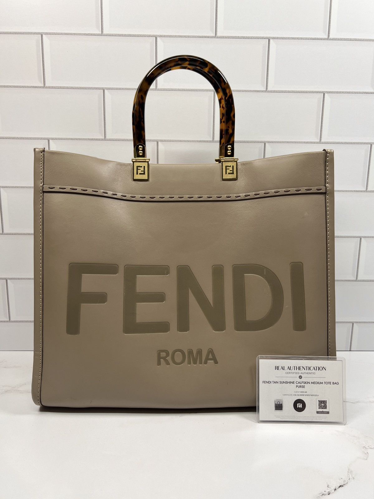 FENDI Tan Sunshine Calfskin Medium Tote Bag Purse