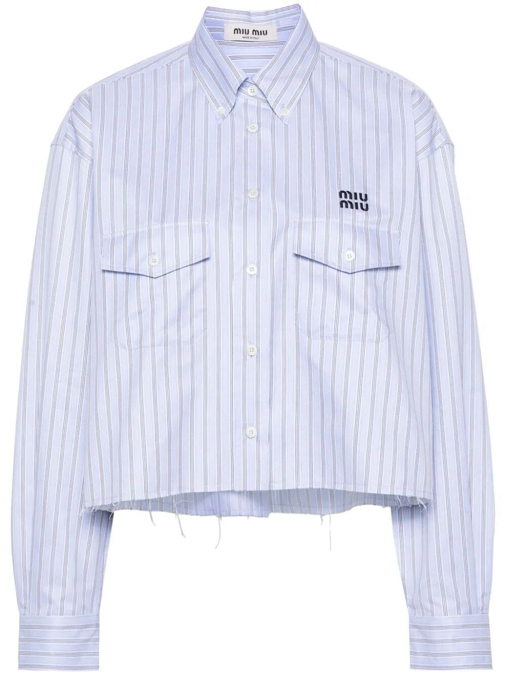 image of Miu Miu Striped Cropped Shirt in Blue, Women's (Size XS)