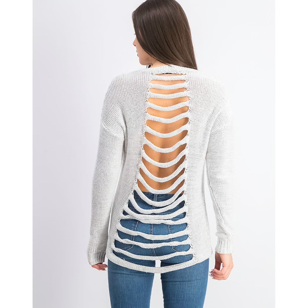 Other Stitches & Stripes Light Gray Crew Distressed Back Sweater Size XL / US 12-14 / IT 48-50 - 5 Thumbnail