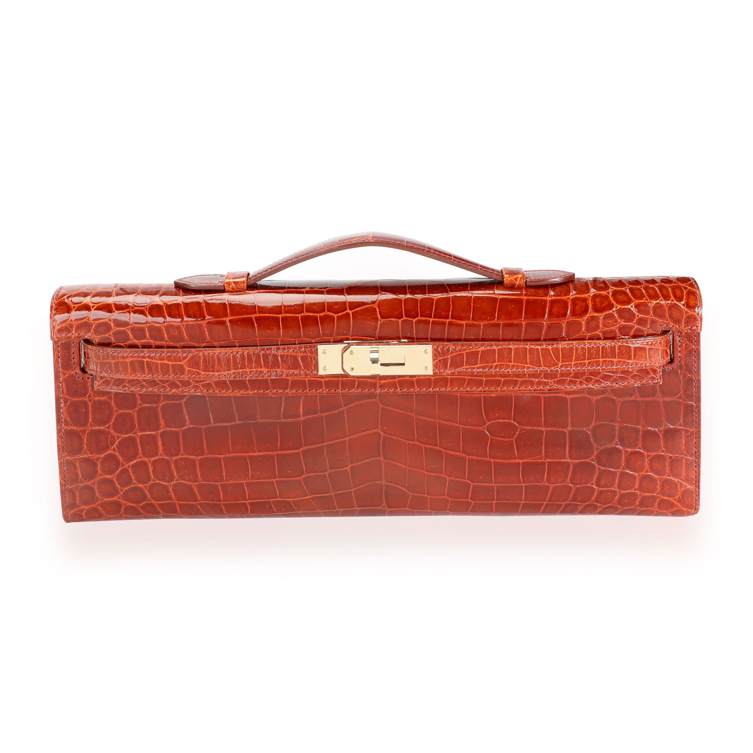 image of Hermes Miel Shiny Niloticus Crocodile Kelly Cut Ghw in Red, Women's