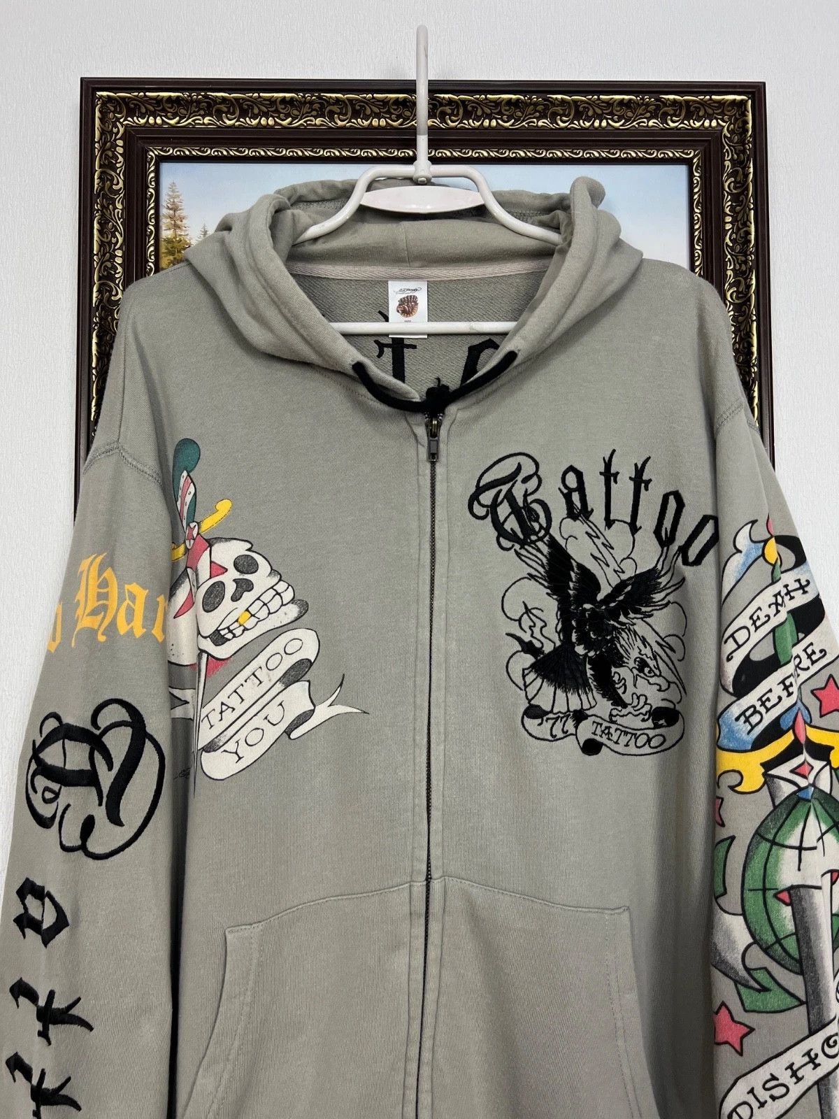 Ed Hardy Vintage Ed Hardy Tatoo Hoodie Rare Skull Jacket Over Print Size US XL / EU 56 / 4 - 4 Thumbnail