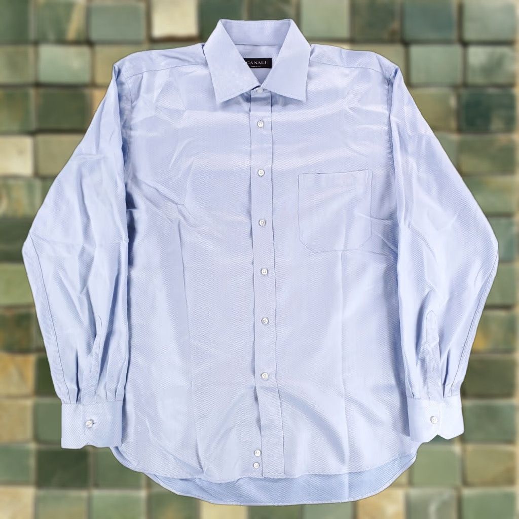Canali VINTAGE Canali Dress Shirt Button-Up Striped Blue Long Sleeve Mens 42 / 16.5 16.5 Mens Mens, BLUE Diagonal Striped, Pinholes Size 46R - 1 Thumbnail