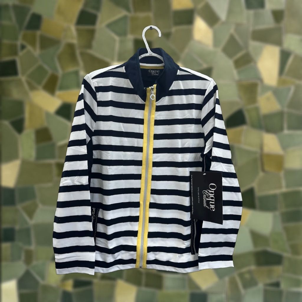 Vintage Onque Casuals Womens Jacket L Navy Striped Long Sleeve Full Zip NWTs Size L / US 10 / IT 46 - 1 Thumbnail