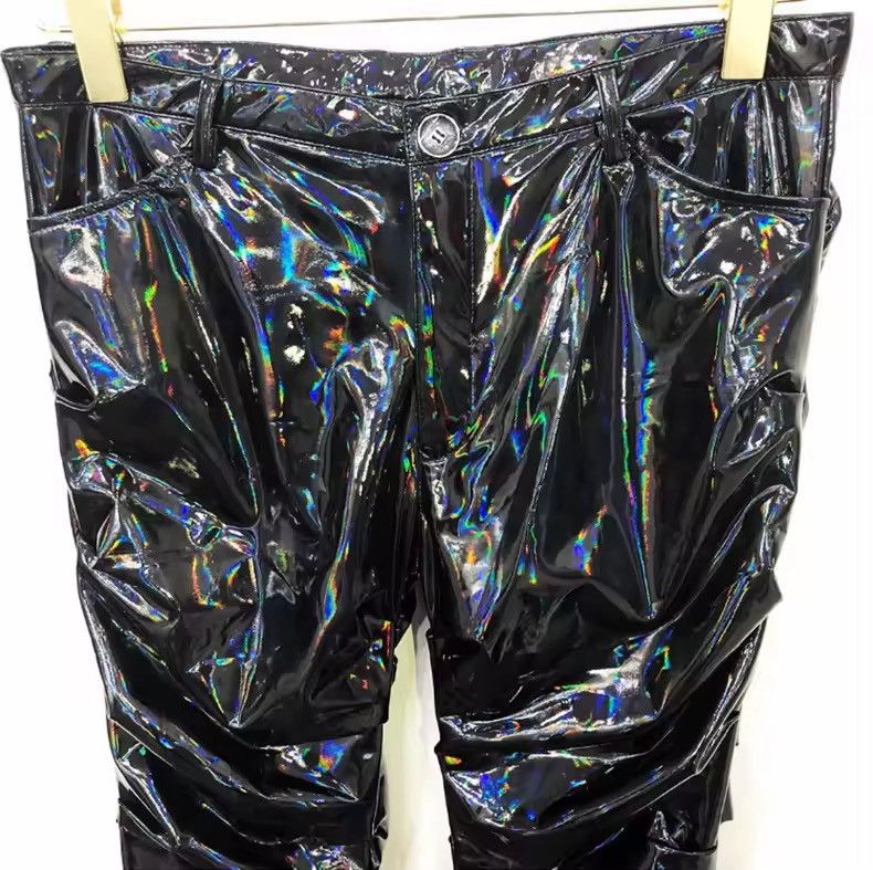Leather Cool Black Holographic Shiny Reflective Stretchy pu Leather Size US 35 - 7 Thumbnail