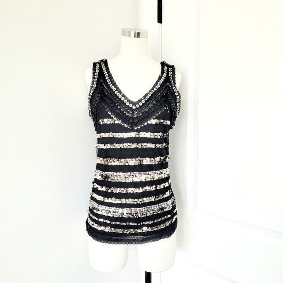 Nine West Black/Silver Sequin-Striped Ruffle Trim V-Neck Tank Glam Size M / US 6-8 / IT 42-44 - 2 Thumbnail