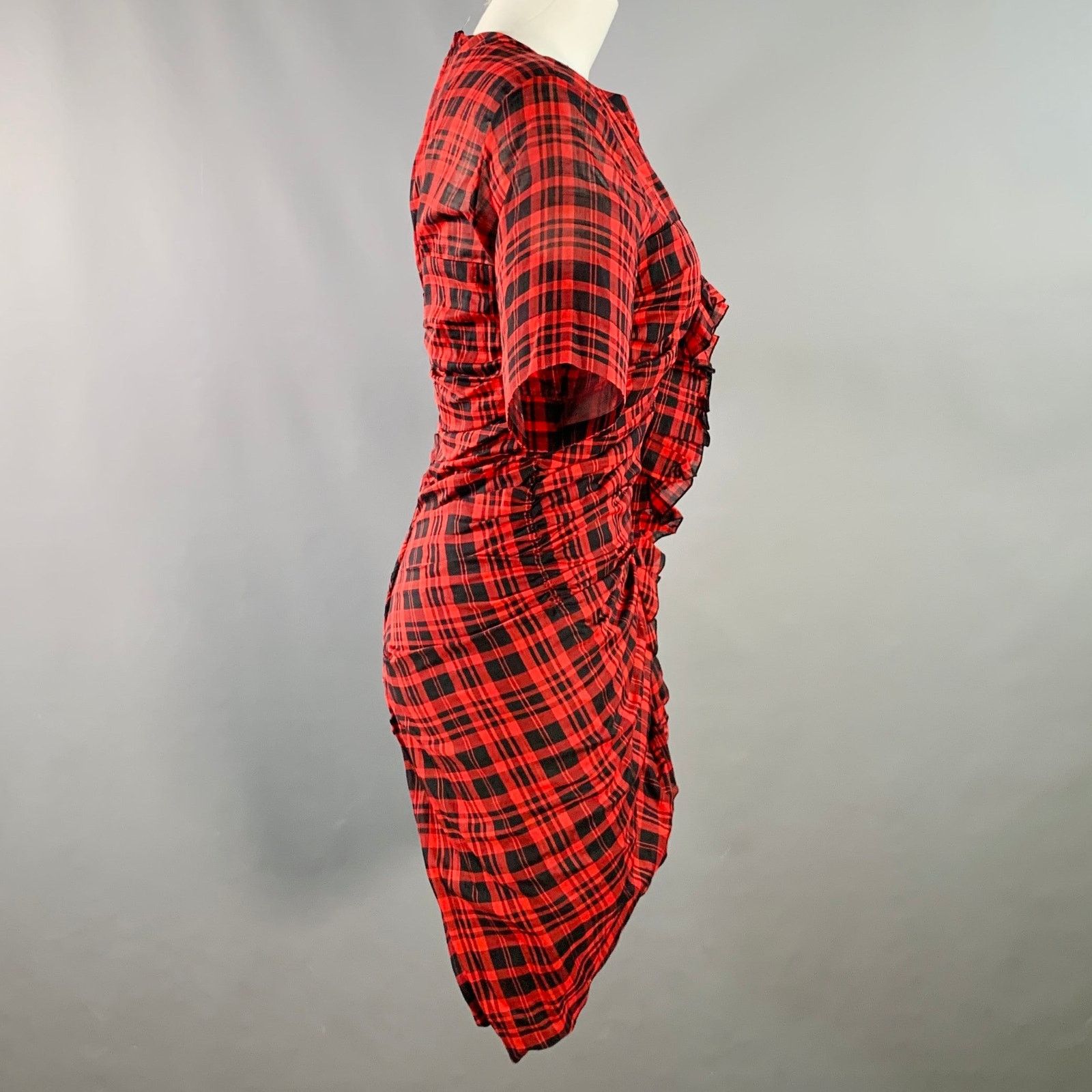 Isabel Marant Etoile Size XS Red Black Cotton Plaid Short Sleeve Ruched Dress Size XS / US 0-2 / IT 36-38 - 3 Thumbnail