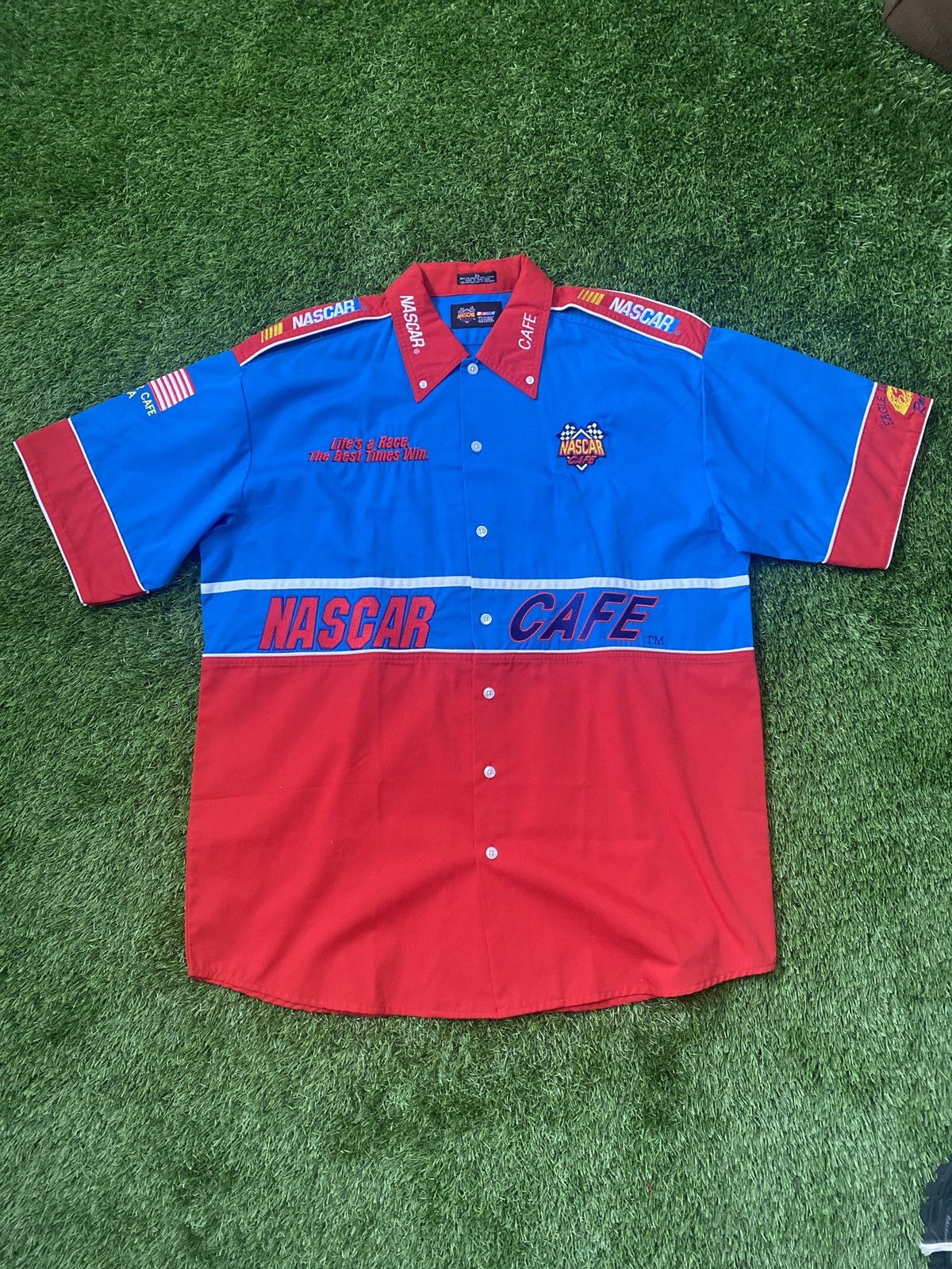 image of Nascar Cafe Button Down Pit Crew Shirt in Blue, Men's (Size XL)