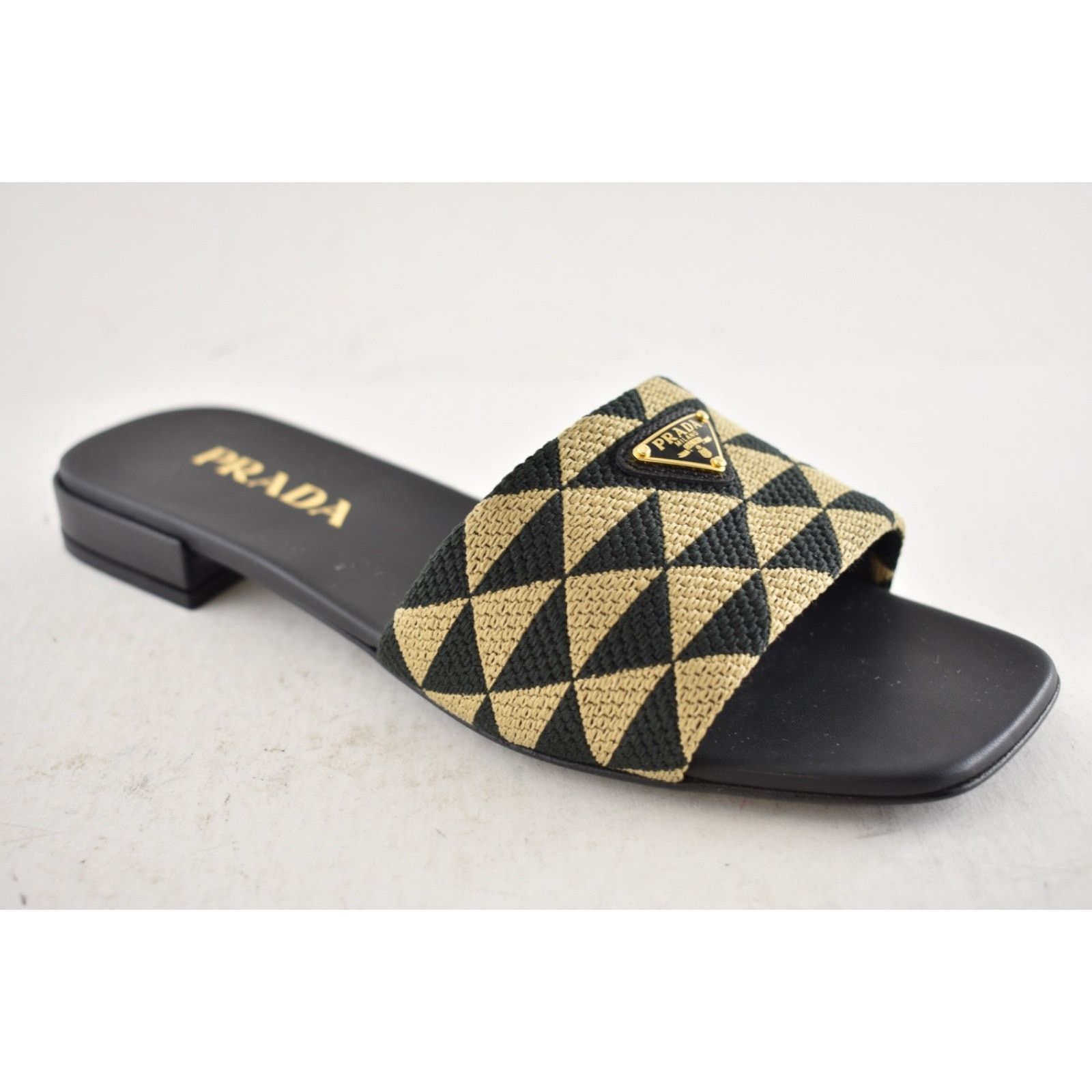 Prada Prada Jacquard Triangle Logo Black Beige Tan Leather Slide Size US 7.5 / IT 37.5 - 6 Thumbnail