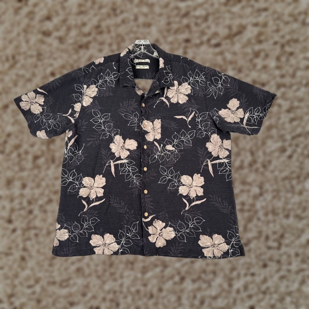Vintage Batik Bay Shirt Men Large Black Beige Floral Leaf Button-Up Silk Size US L / EU 52-54 / 3 - 1 Thumbnail