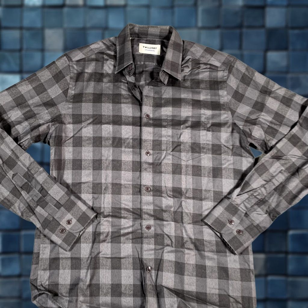 Vintage Twillory Shirt Mens M Gray Black Plaid Tailored Stretch Non Iron Dress Shirt Slim Fit Size US M / EU 48-50 / 2 - 1 Thumbnail