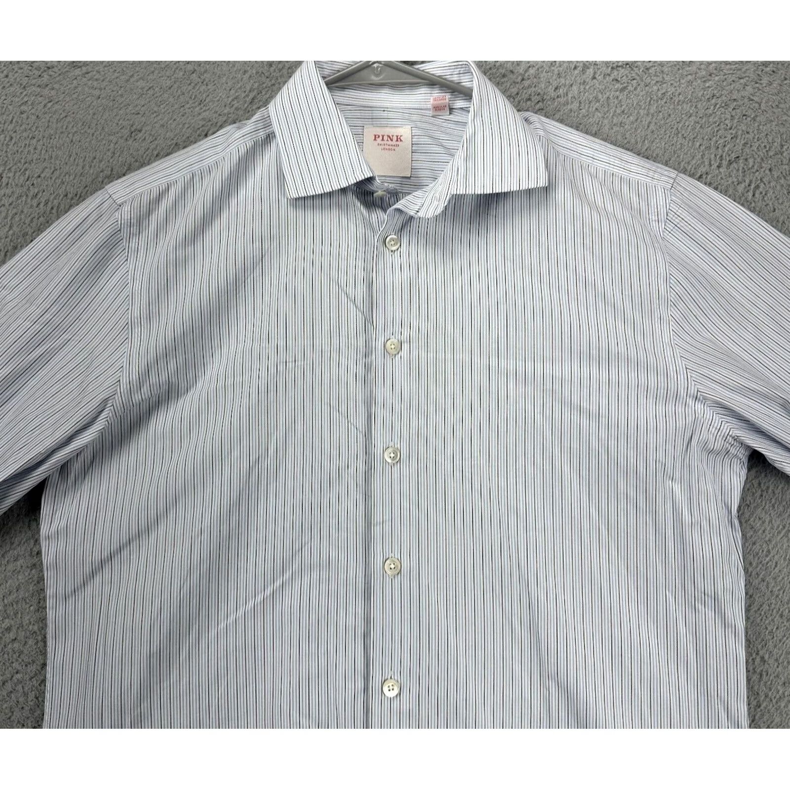 Pinko PINK Shirt Mens 15.5 Blue Grey Pinstripes Tailored Fit Dress Button Up Adult Size 42R - 2 Thumbnail
