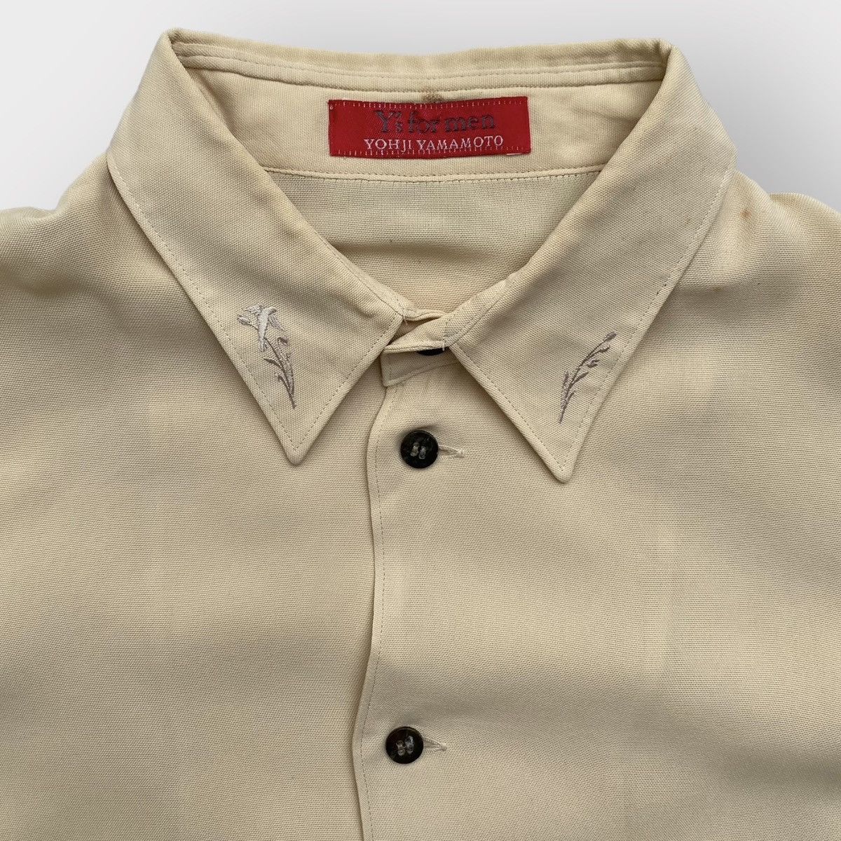image of Yohji Yamamoto Y’S Shirt For Men Embroidered Collar Oversized Rayon Shirt in Beige (Size Medium)