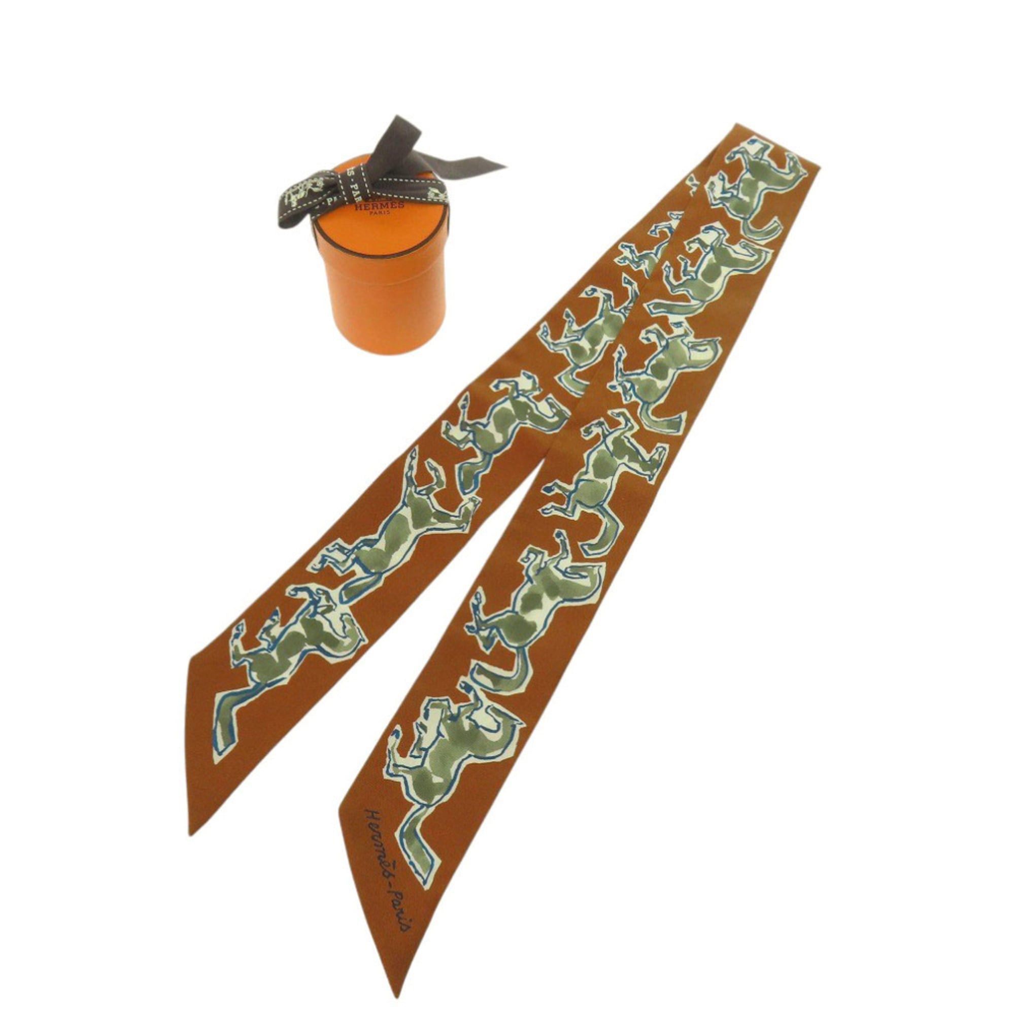 Hermes Like New Hermes Twilly Chevaux en Liberte (Free Horse) Silk Caramel Khaki White Scarf Muffler Brown 0479HERMES Size ONE SIZE - 1 Thumbnail