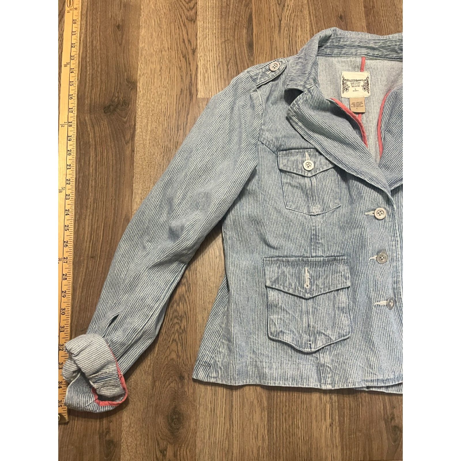 Vintage Ruff Hewn Jacket Women's Large Blue Striped Buttons Up Pockets Casual Fall Spring Summer Cotton Blend Size L / US 10 / IT 46 - 3 Thumbnail