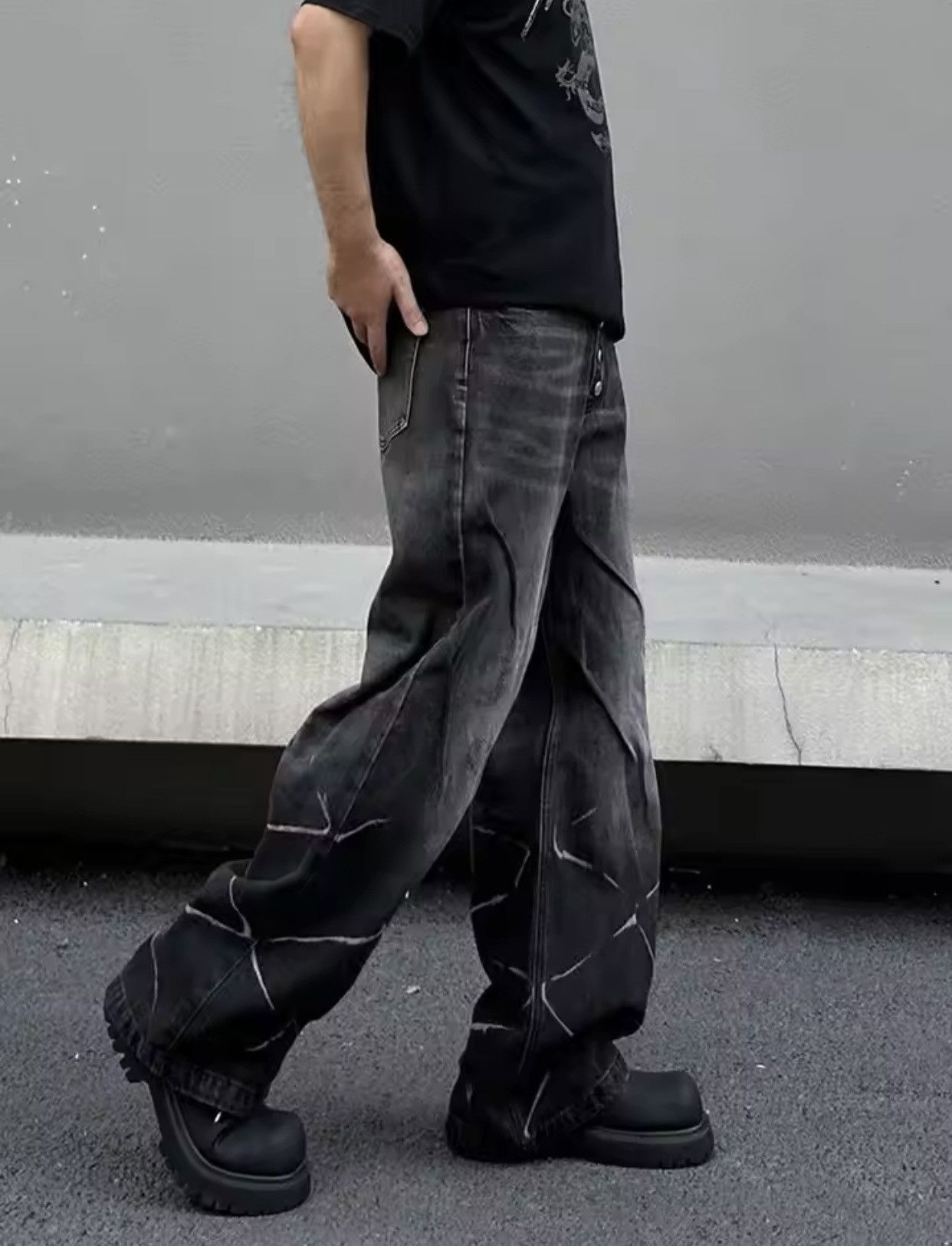 Denime × Vintage Cyber Y2K Streetwear Lightning Pattern Pleated Baggy Jeans Size US 27 - 4 Thumbnail
