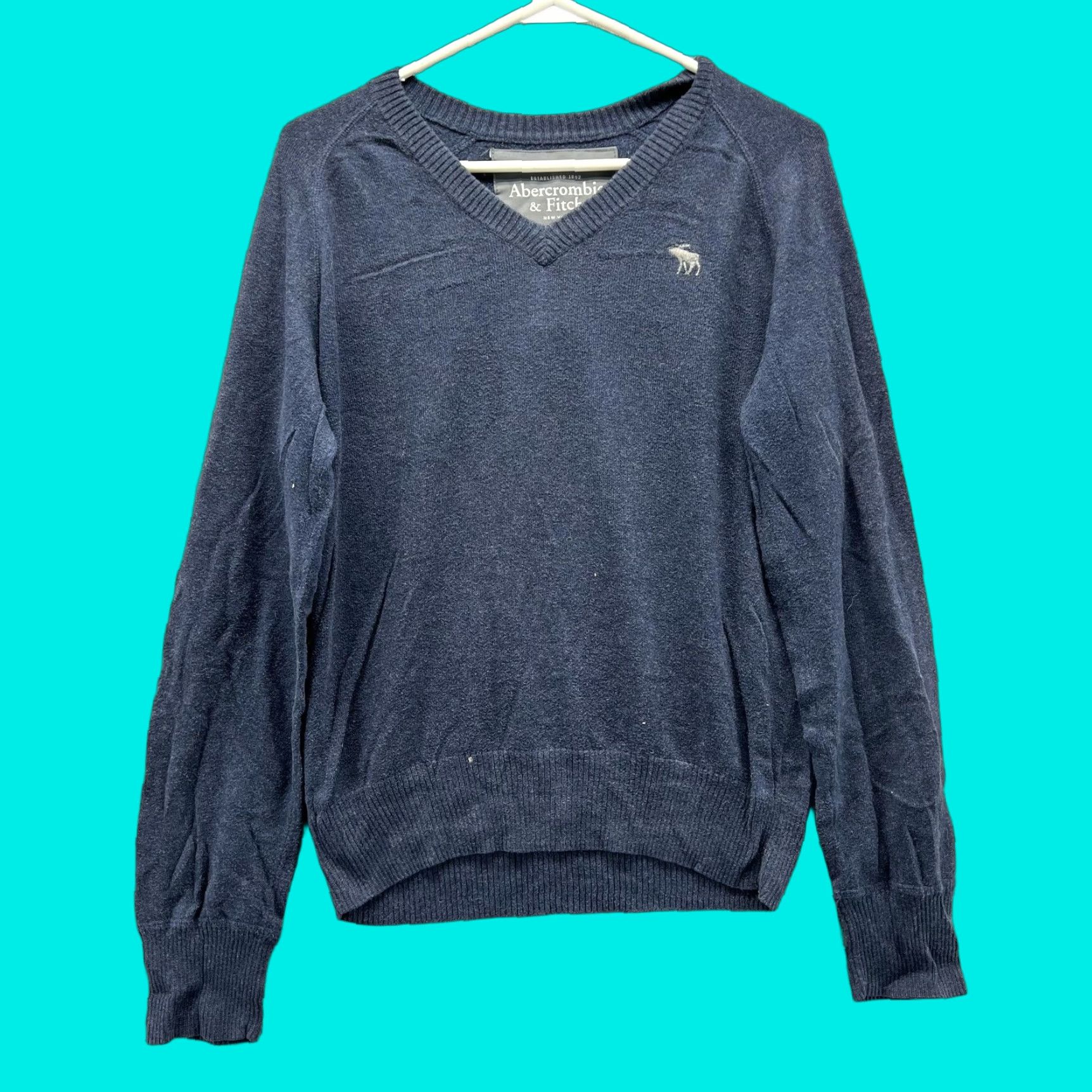 Abercrombie & Fitch Abercrombie & Fitch Sweater Mens Small Blue Cotton V-Neck Pullover Moose Logo Size US S / EU 44-46 / 1 - 1 Thumbnail