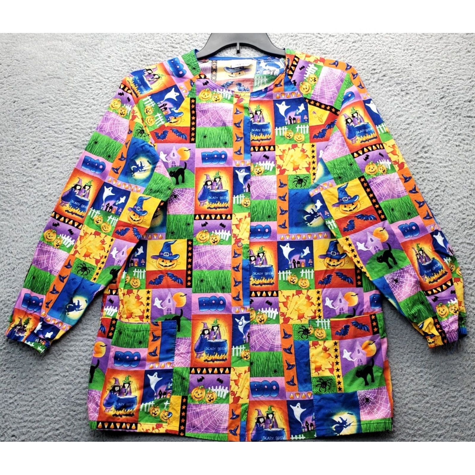Vintage White Swan Fall Halloween Scrub Top Womens M Multi Pumpkin & Witches Print Snap Front Size M / US 6-8 / IT 42-44 - 2 Thumbnail