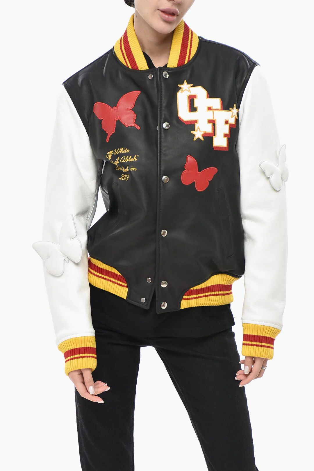 Off-White og1mm0426 Two-Tone Leather Bomber Jacket in White & Black Size XS / US 0-2 / IT 36-38 - 2 Thumbnail