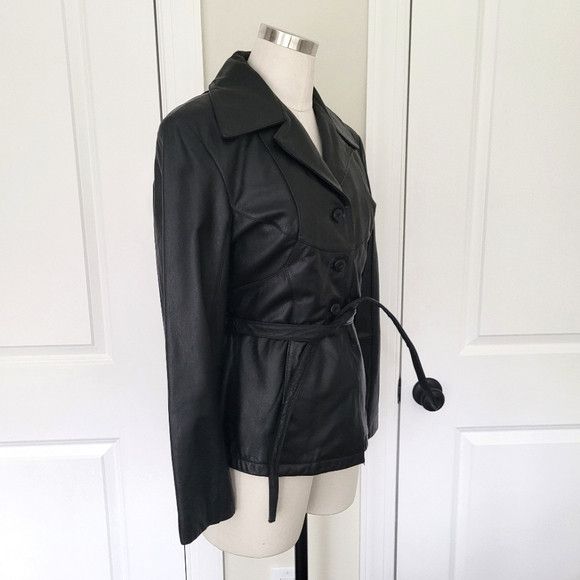 Wilsons Leather Maxima Button-Up Tie-Waist Leather Jacket Biker Retro Y2K Size XS / US 0-2 / IT 36-38 - 3 Thumbnail