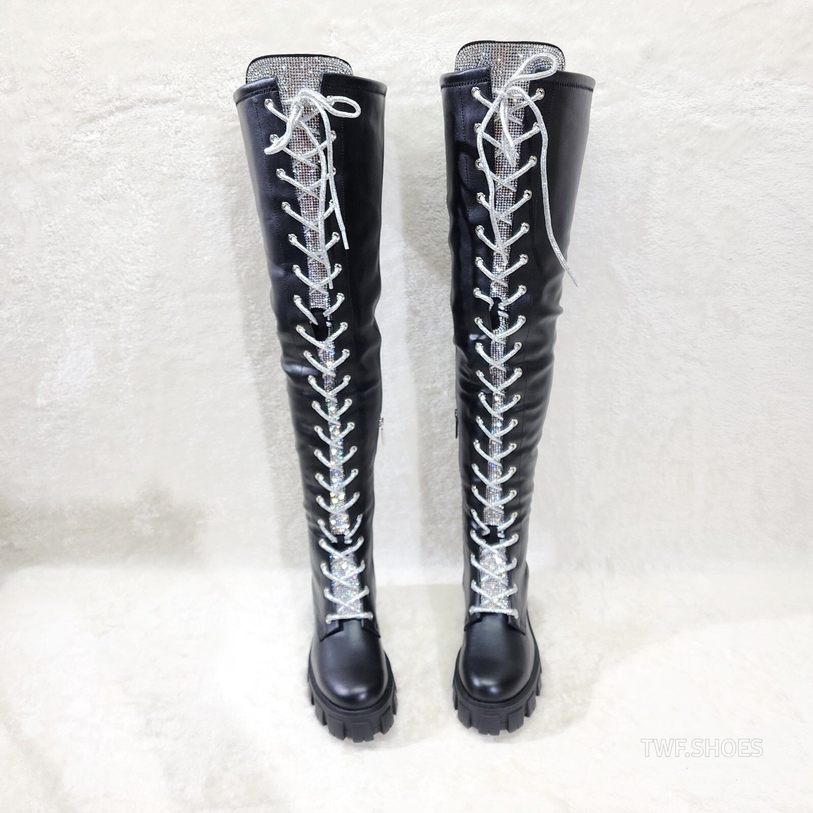 Other Roscoe Black Combat Thigh High Boots Iridescent Rhinestone T Size US 7 / IT 37 - 8 Thumbnail