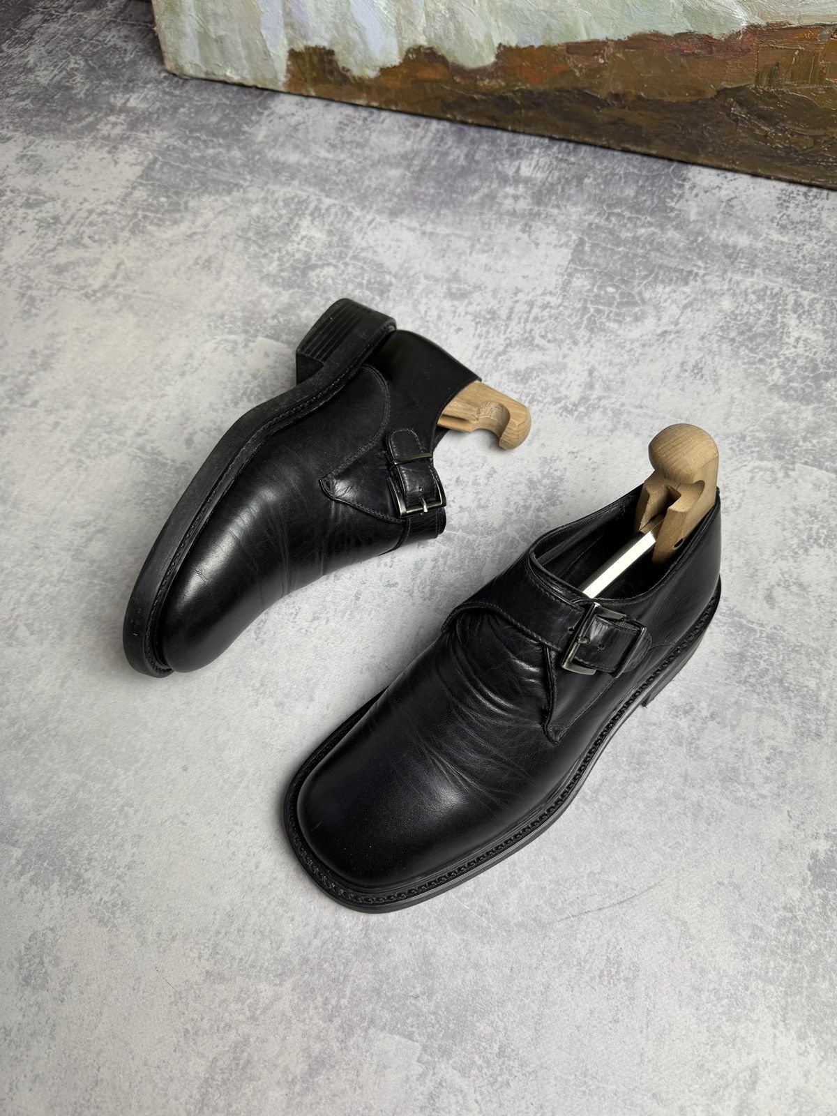 Archival Clothing x Italian Designers Square Toe Prada Miu Miu Style Derby Leather Loafers Shoes in Black (Size 7)