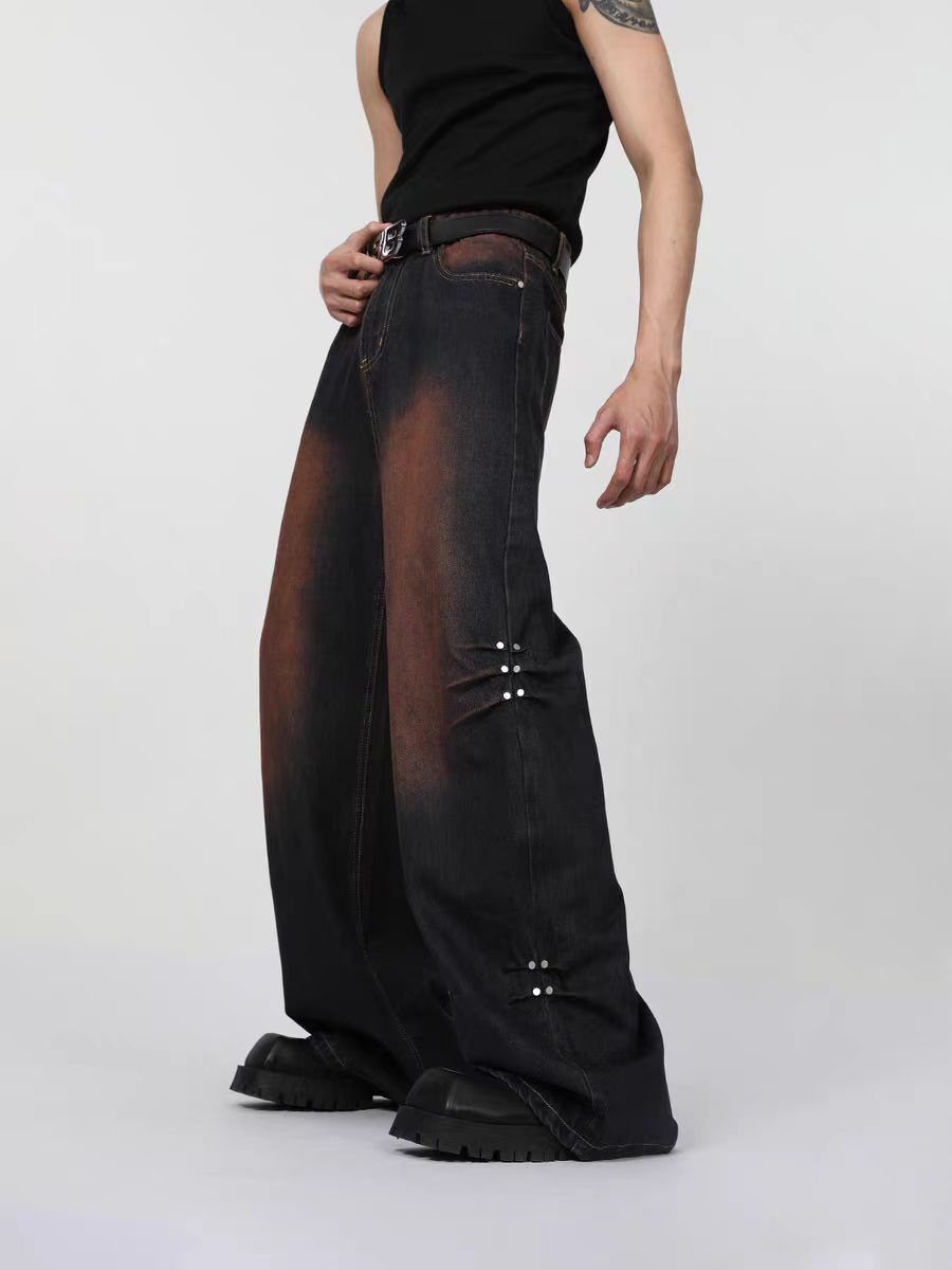 Vintage washed rivet gradient straight wide-leg jeans