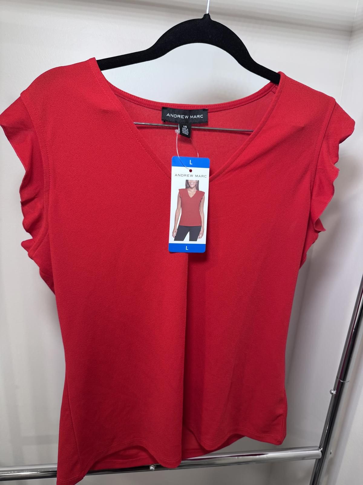 Andrew Marc Andrew Marc Women's Red Ruffle Sleeve V-Neck Top Size Large Size L / US 10 / IT 46 - 1 Thumbnail