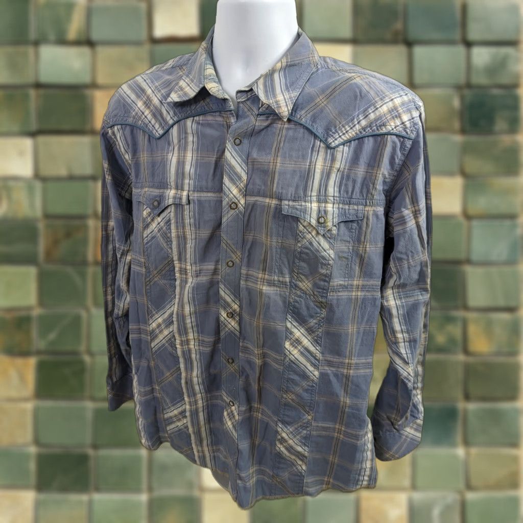 Wrangler VINTAGE Wrangler Mens L Pearl Snap Western Shirt Plaid Long Sleeve Blue L7S Mens Shirt Button-Up 80s 90s Western Casual Cowboy Men’s Blue S/S Size US L / EU 52-54 / 3 - 1 Thumbnail