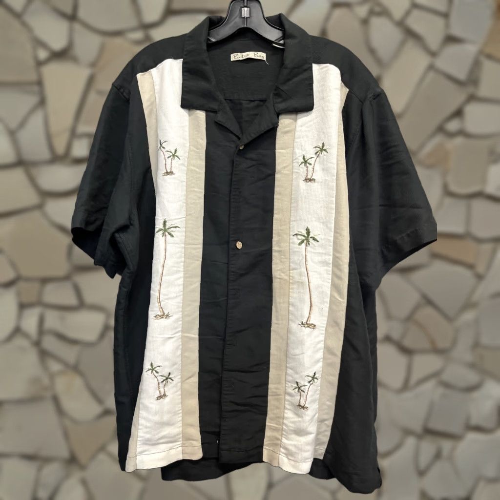VINTAGE Batik Bay Hawaiian Stripe Shirt Palm Trees XL Black Mens Short Sleeve Button-Up