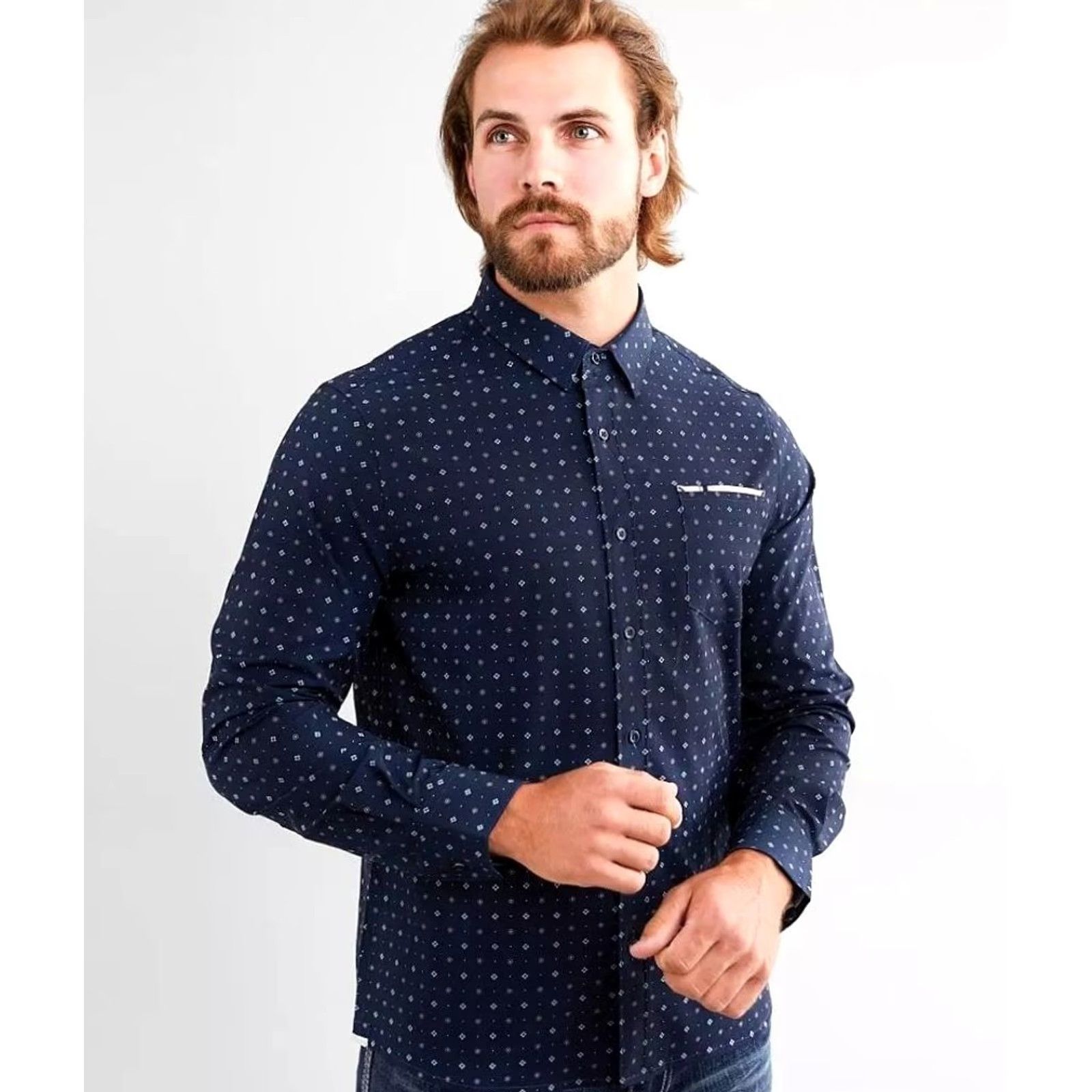Vintage VINTAGE 7Diamonds Button-Up Shirt Blue Geometric 4-Way Stretch Mens Medium Size US M / EU 48-50 / 2 - 2 Thumbnail
