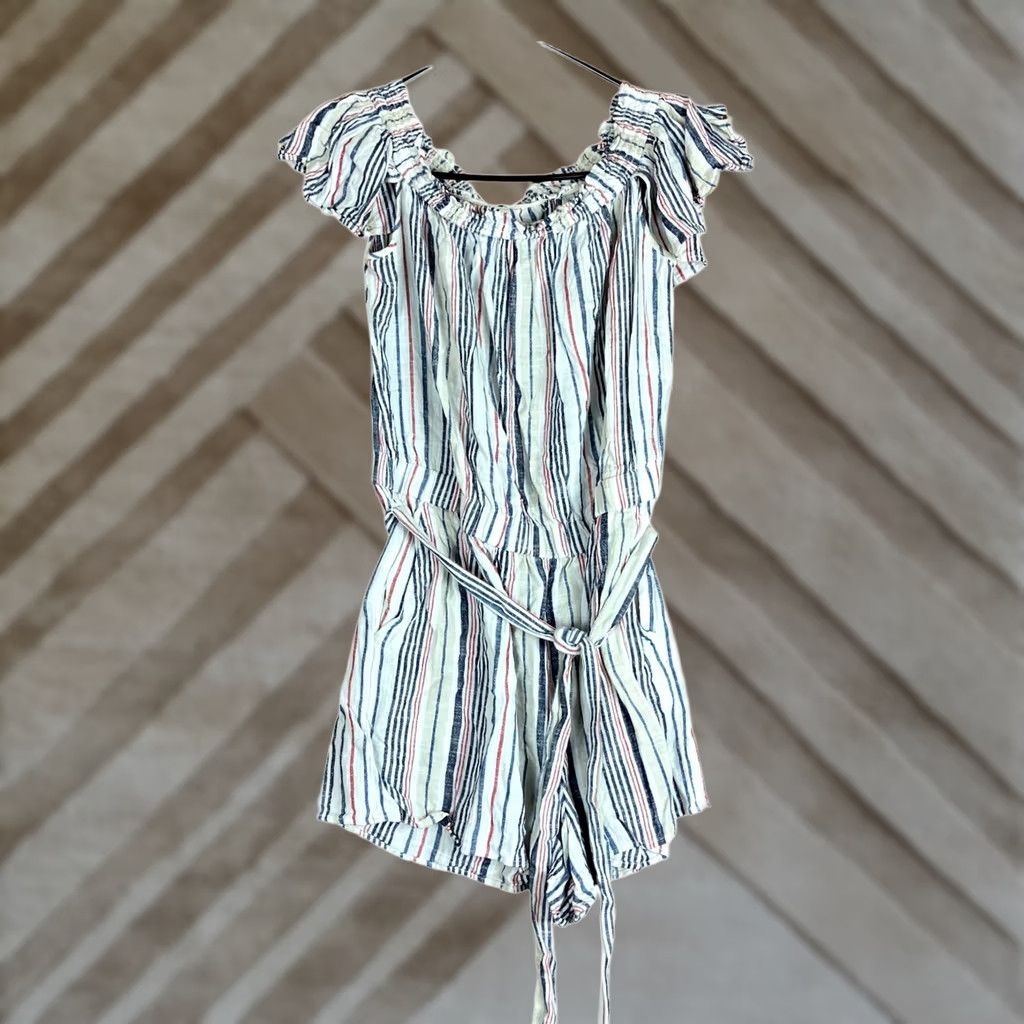Loft LOFT Beach Romper Tan Multi Striped Linen Blend Smock Neck Sleeveless M Womens Casual Party/Cocktail Travel Pockets Flutter Relaxed One-Piece Shirt? Size 32" / US 10 / IT 46 - 1 Thumbnail