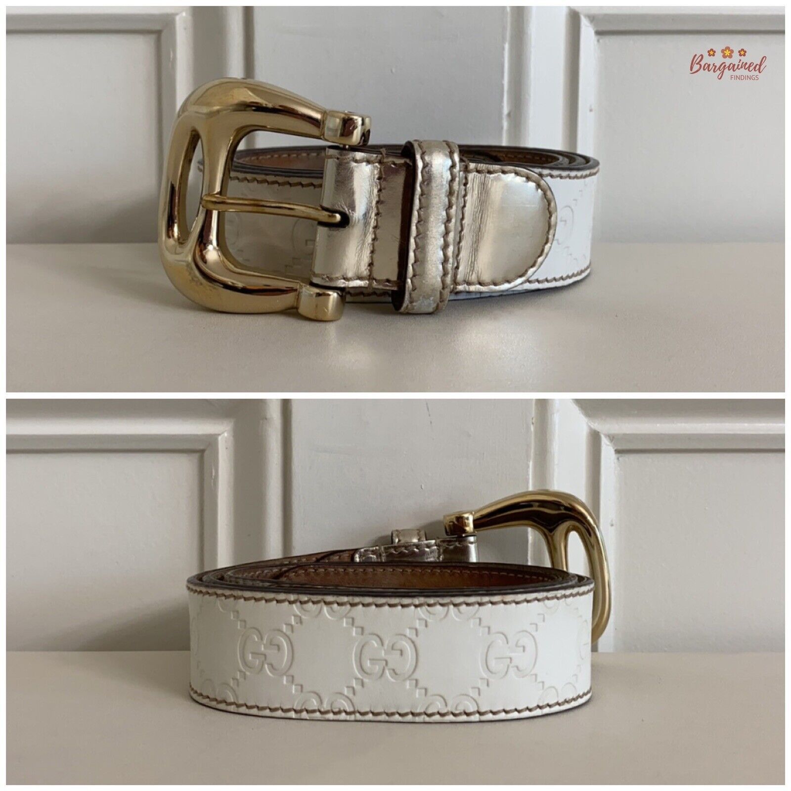 Gucci Gucci White GG Embossed Guccissima Leather Gold Buckle Belt Size 30 - 7 Thumbnail