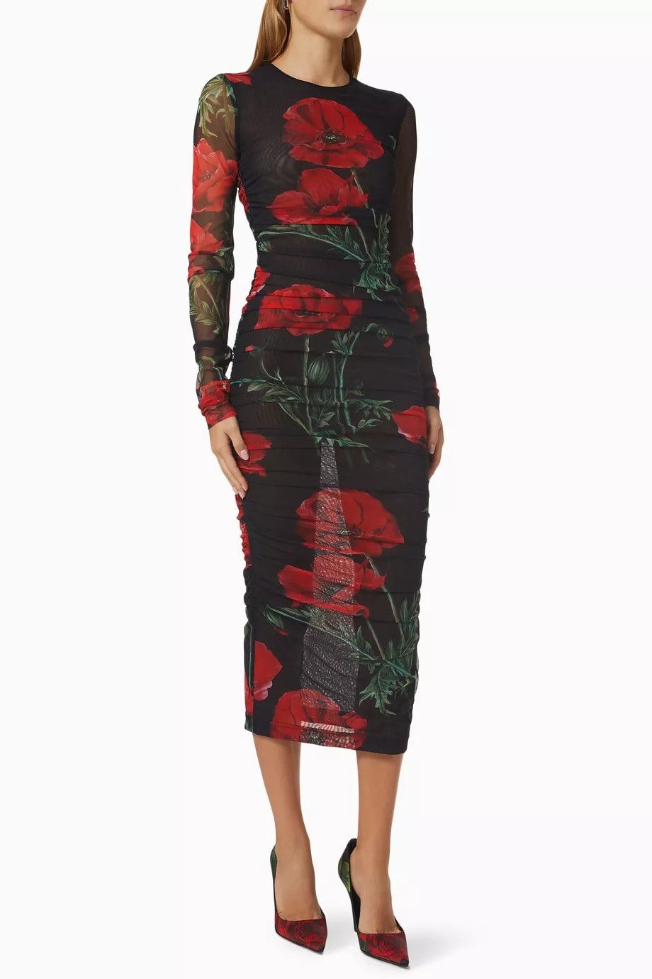 Dolce & Gabbana Dolce & Gabbana Poppy Print Ruched Mesh Midi Dress Size XS / US 0-2 / IT 36-38 - 2 Thumbnail