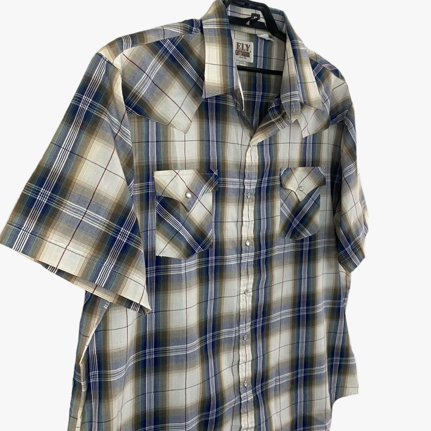 Vintage VINTAGE Ely Cattleman Western Pearl Snap Shirt Short Sleeve Plaid Blue 2XL Mens Size US XXL / EU 58 / 5 - 4 Thumbnail