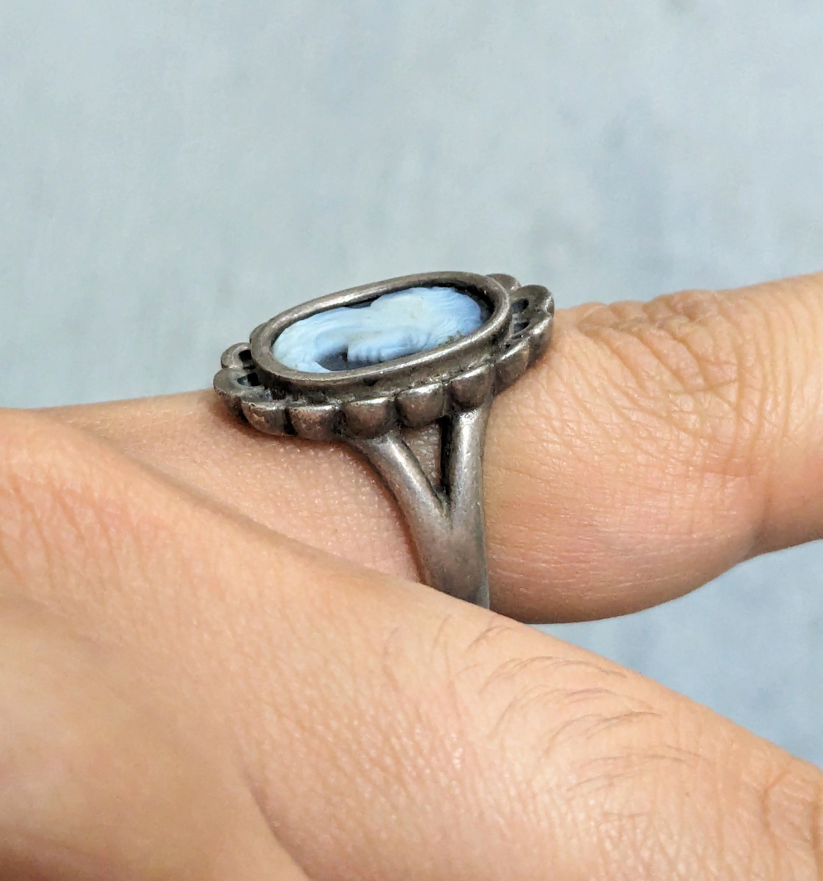 Jewelry × Sterling Silver × pandora Pandora Sterling Silver Cameo Ring Blue Agate Oval Lady Size ONE SIZE - 12 Thumbnail