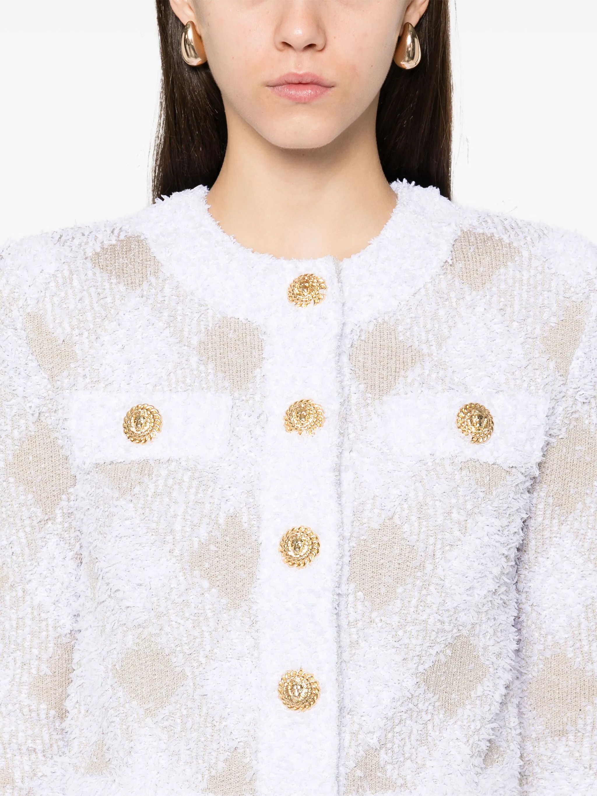 Balmain o1s1wg111025 Check Pattern Tweed Jacket in Blanc/ Beige Size L / US 10 / IT 46 - 5 Thumbnail