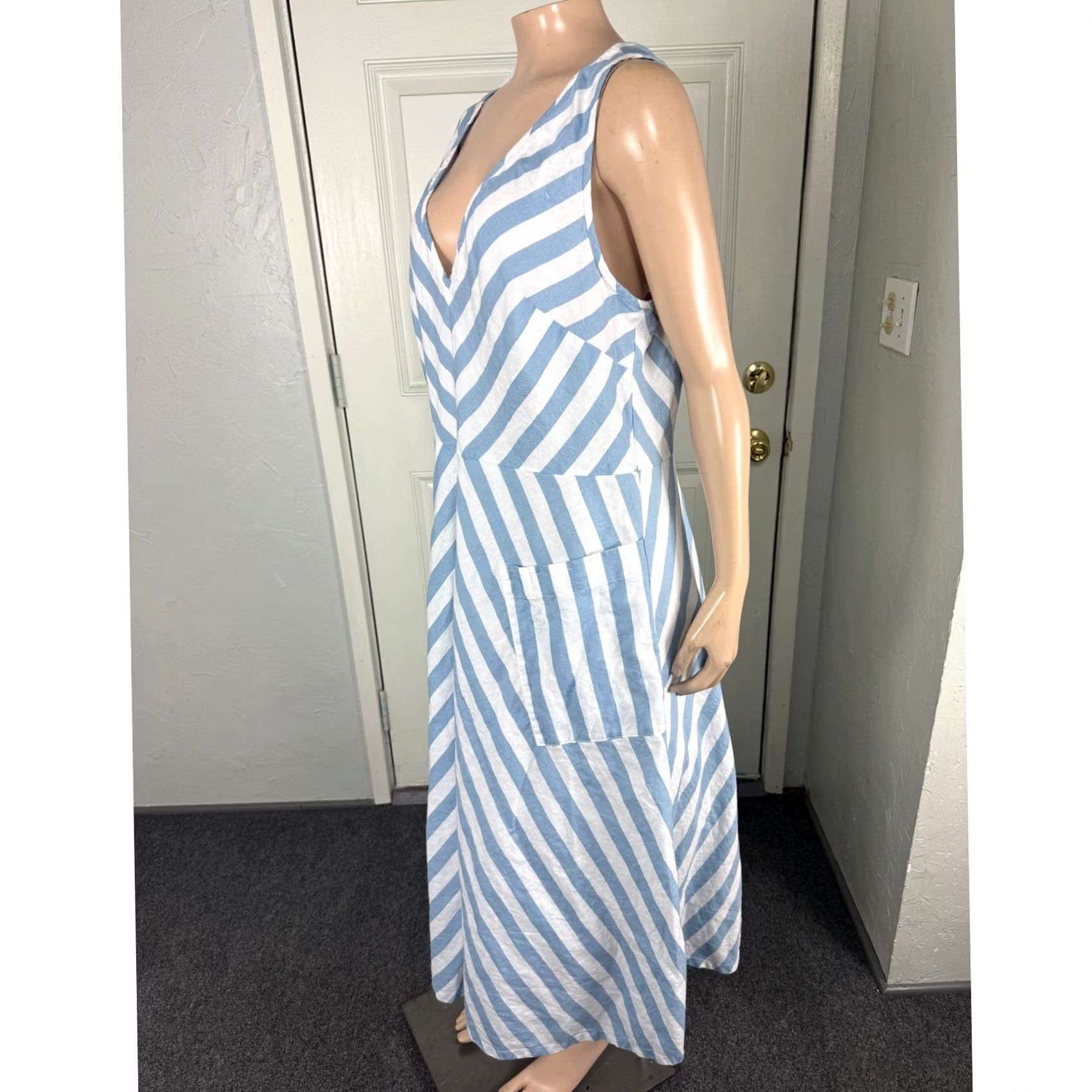 Vintage Kate Spade New York Women's Dress 14 Blue Pockets Striped Fit & Flare Party/Cocktail Sleeveless Short 100% Cotton Size XL / US 12-14 / IT 48-50 - 3 Thumbnail