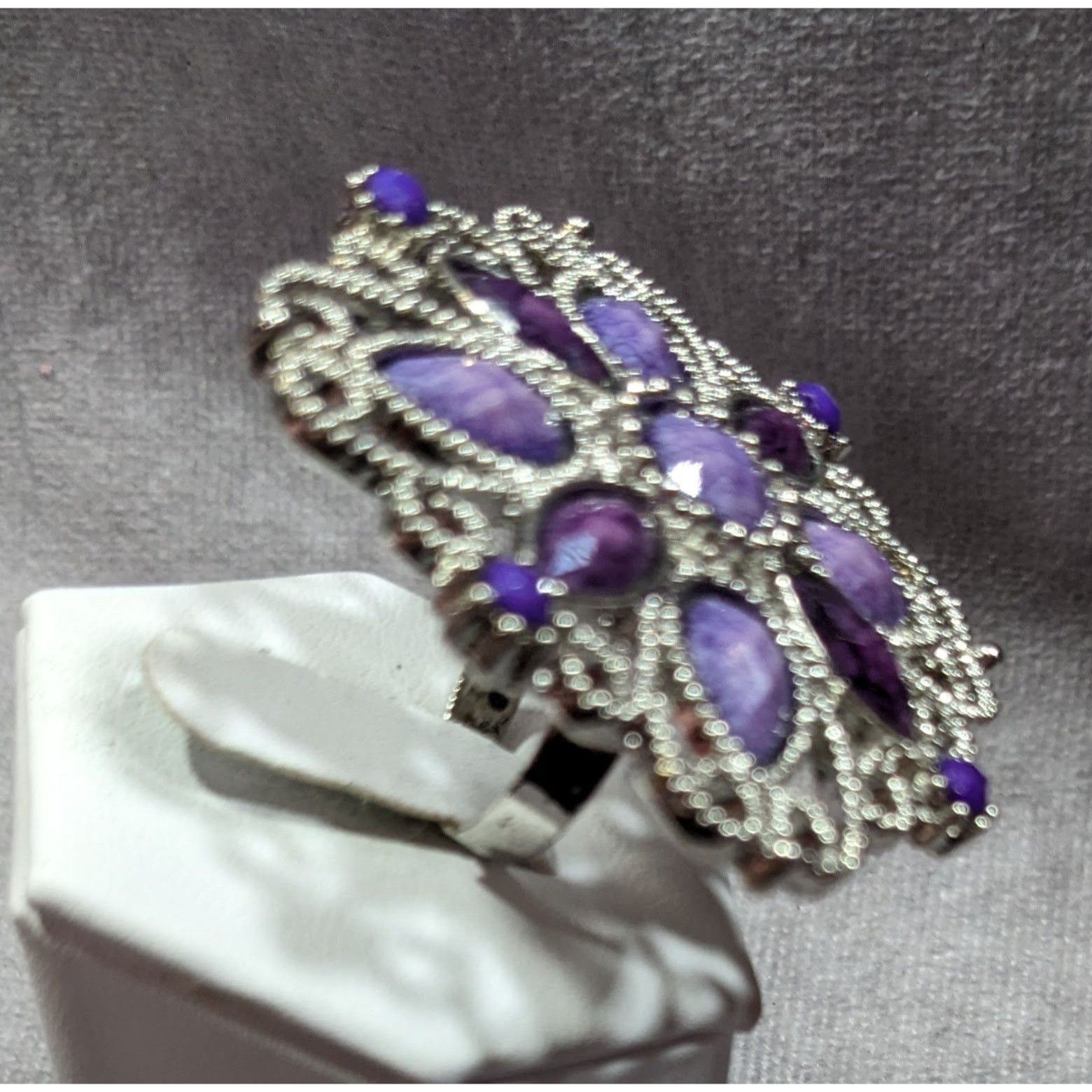Other Fantasy Chunky Floral Silver Tone Ring With Purple Stones Ad Size ONE SIZE - 7 Thumbnail