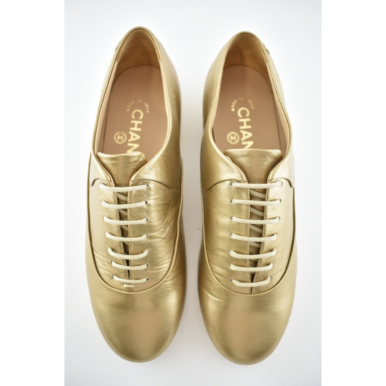 Chanel 15A Gold Lace Up Tie Leather Pearl CC Oxford