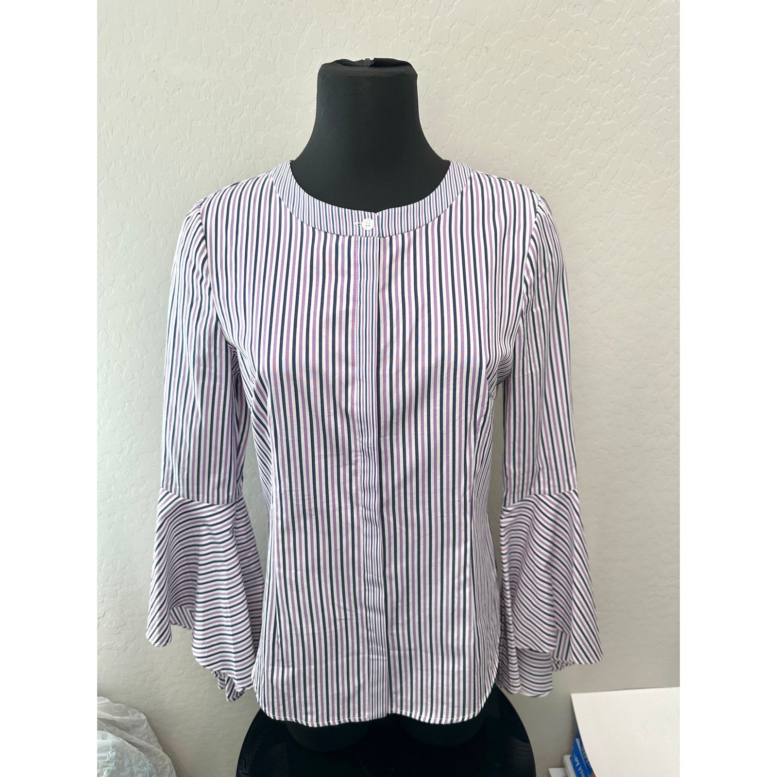 MILLY MILLY Purple Stripe Belle Sleeve Cotton Professional Blouse Size M / US 6-8 / IT 42-44 - 2 Thumbnail