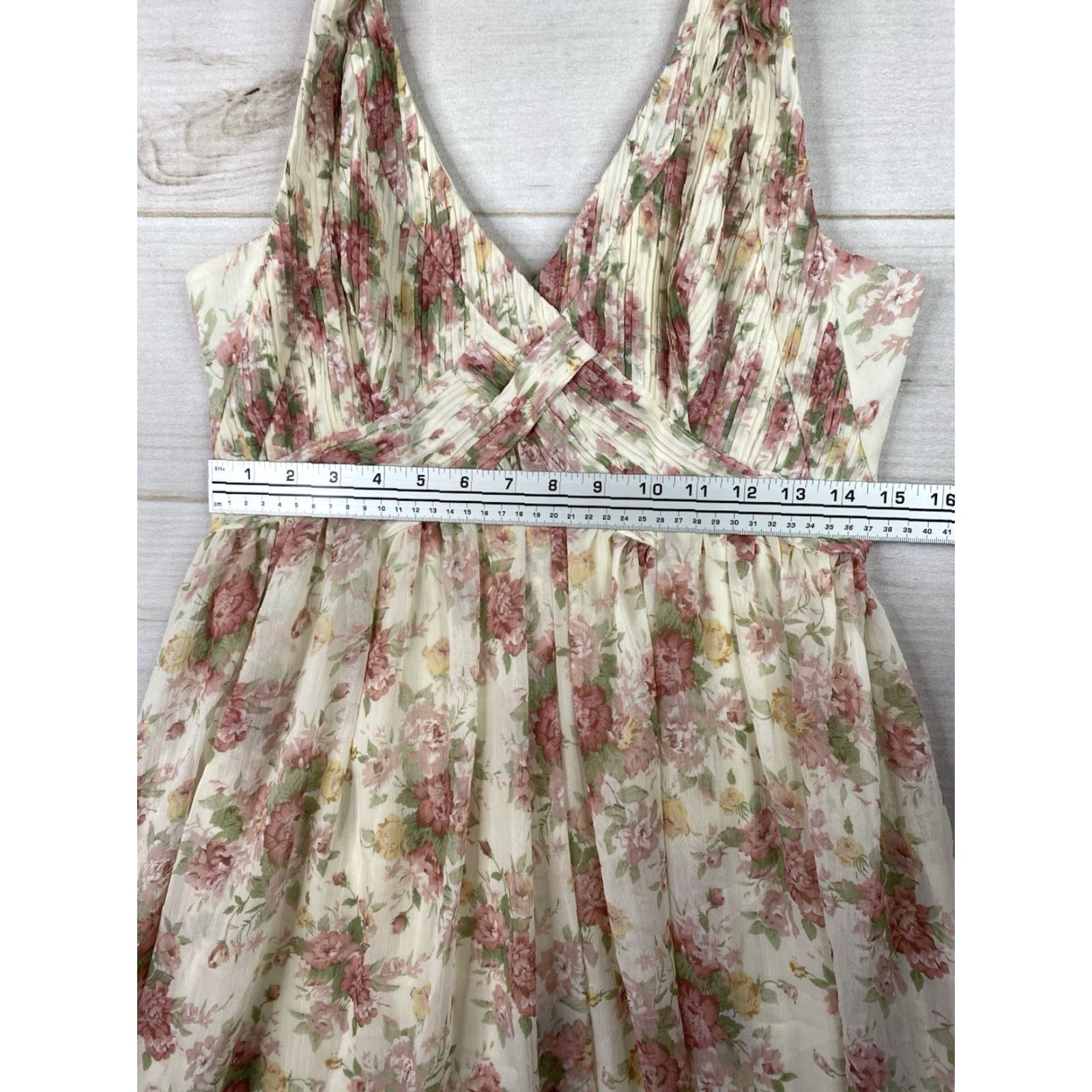 CO Ark & Co. Anthropologie Dress Women L Cream Floral Rose Pintuck Sleeveless Halter Dress Size L / US 10 / IT 46 - 5 Thumbnail