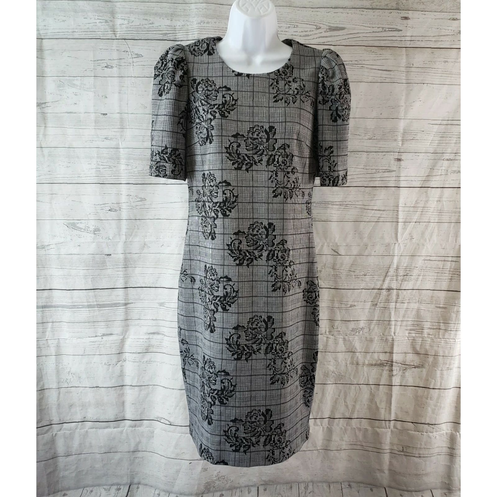 Nanette Lepore Nanette Lepore Womens Dress Sz 4 Black Houndstooth Floral Half Sleeve Silhouette Sheath 4 Womens Size S / US 4 / IT 40 - 2 Thumbnail