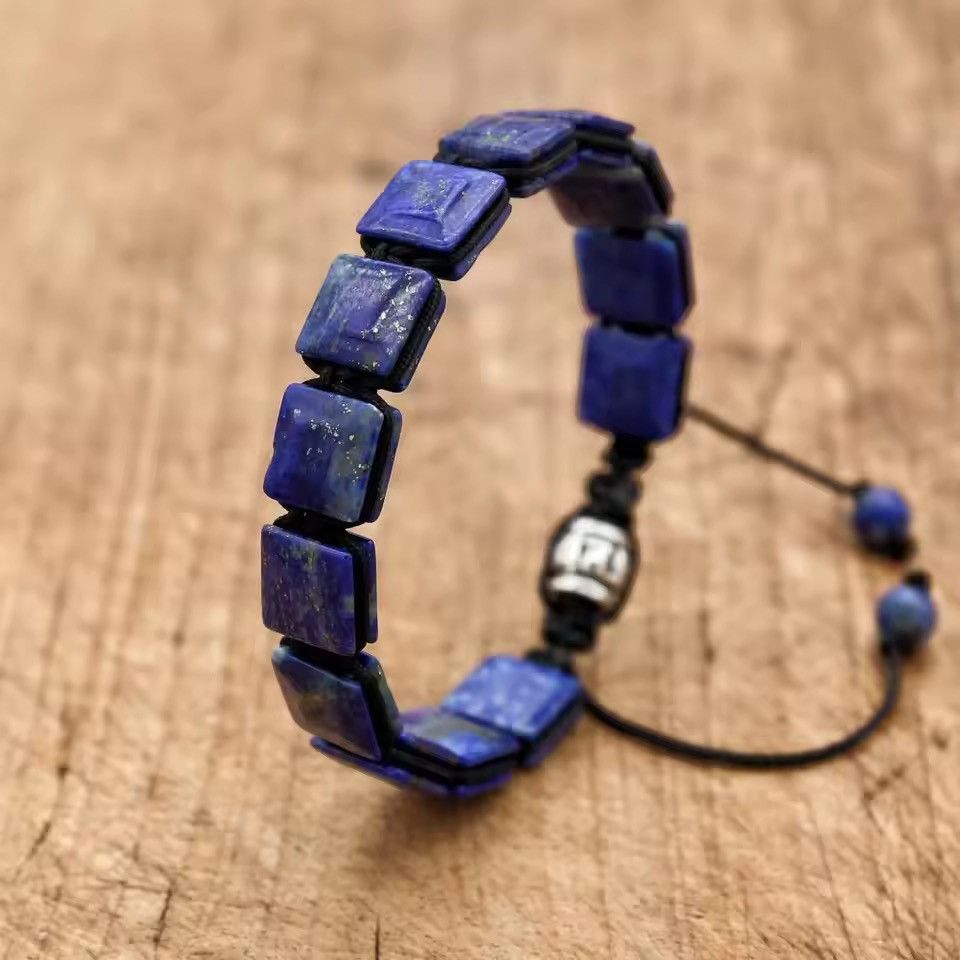 Handmade 10mm Square Lapiz Lazuli Stone Beads Braided Bracelet Size ONE SIZE - 6 Thumbnail