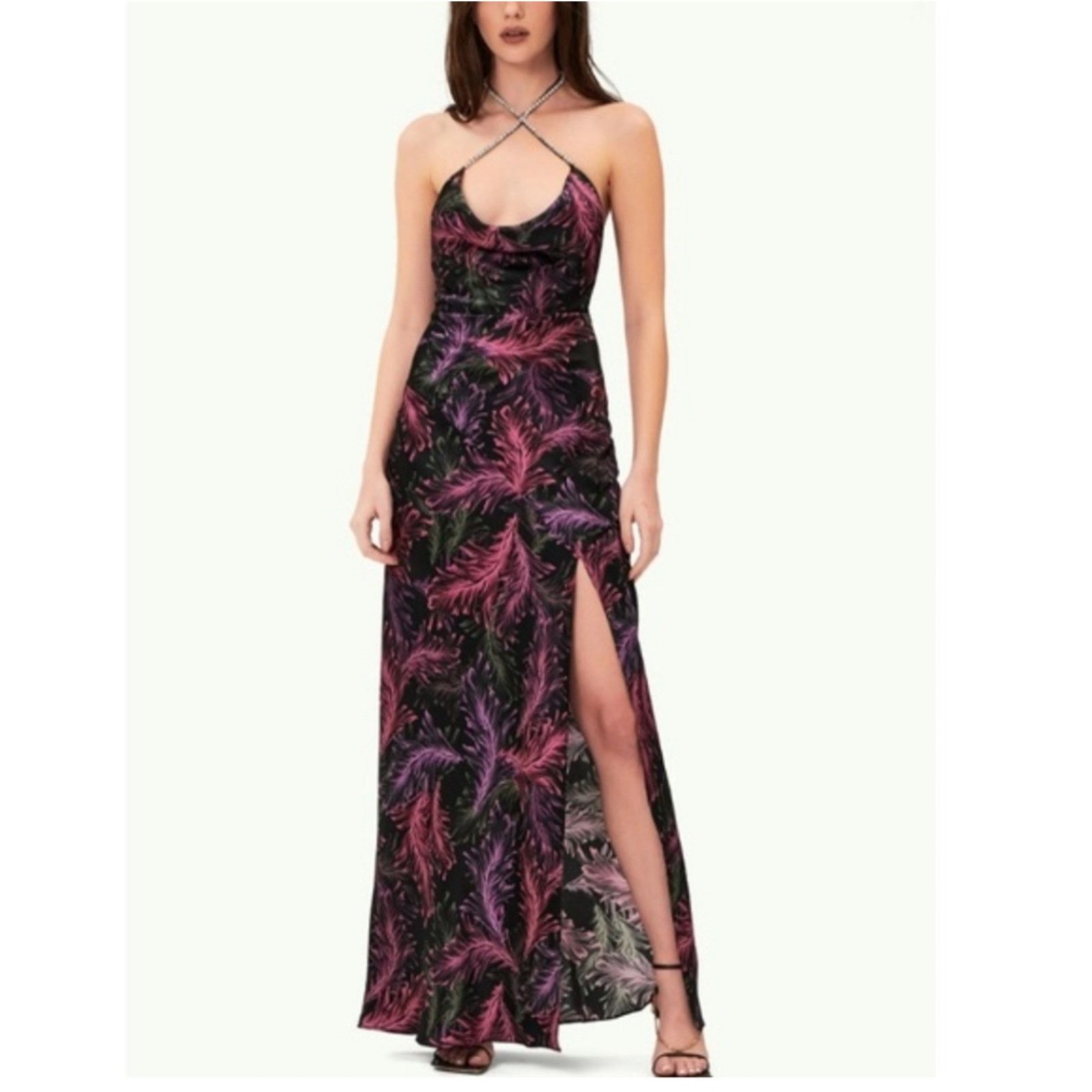 NICHOLAS NICHOLAS Melia floral-feather print silk halter-neck gown Size XS / US 0-2 / IT 36-38 - 1 Thumbnail